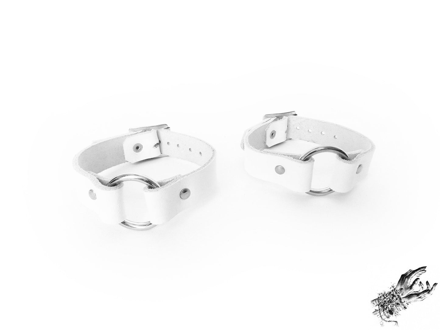 White Leather O Ring Ankle Cuffs