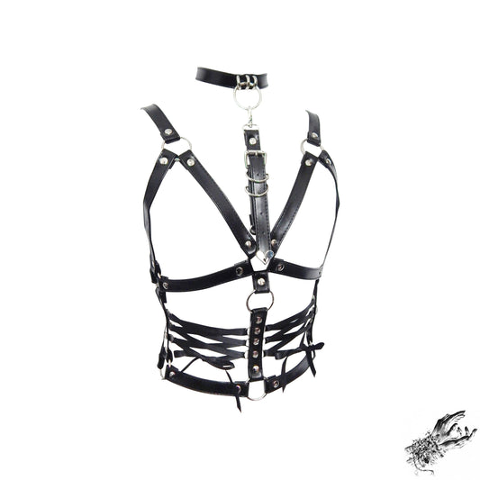 Black Vegan Leather Corset Harness Bra