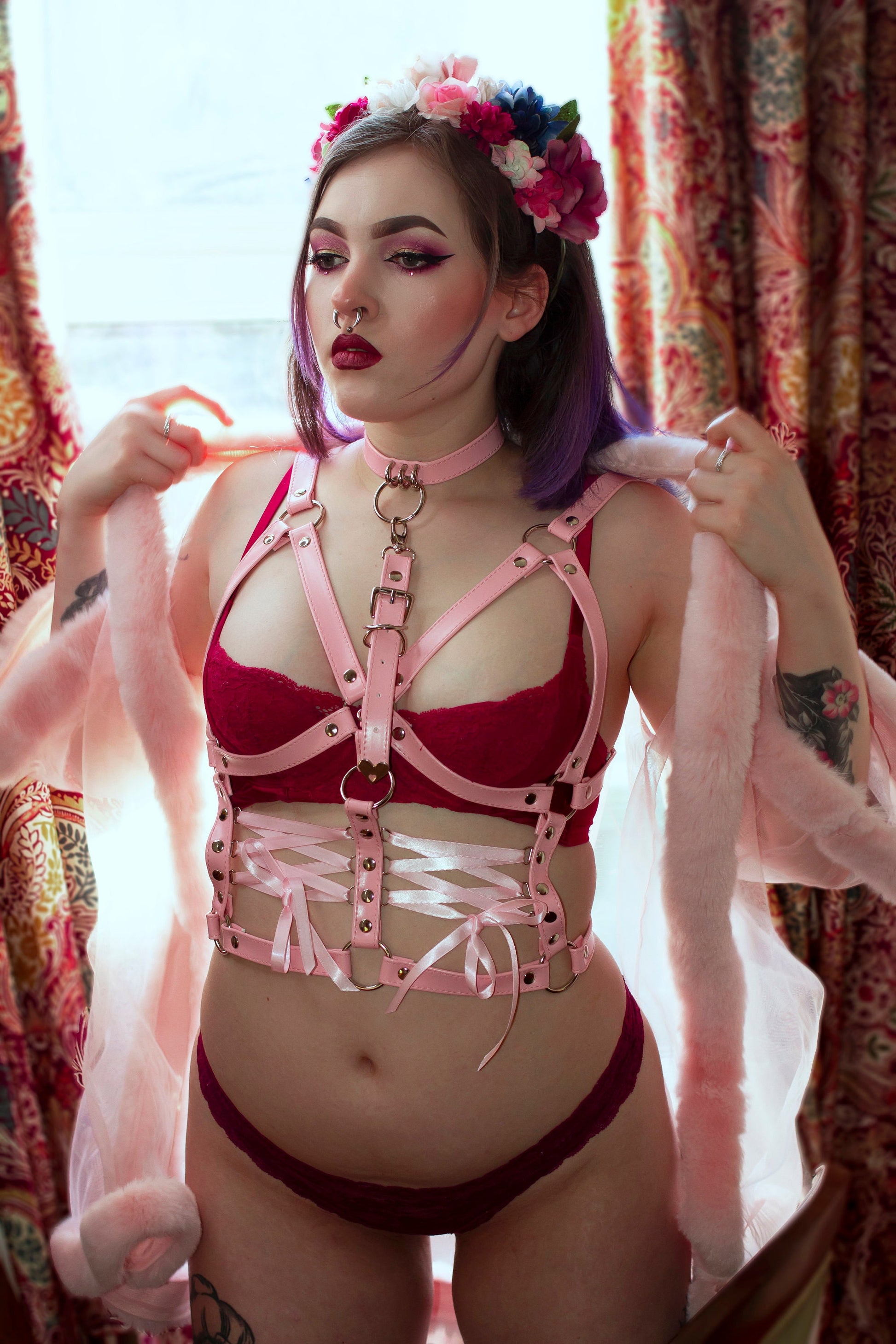 Pink Vegan Leather Corset Harness Bra - 8th Sin