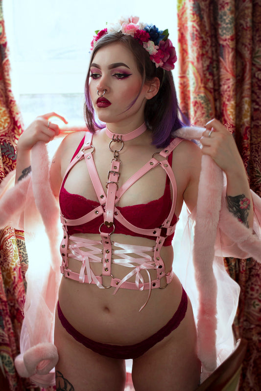 Pink Vegan Leather Corset Harness Bra