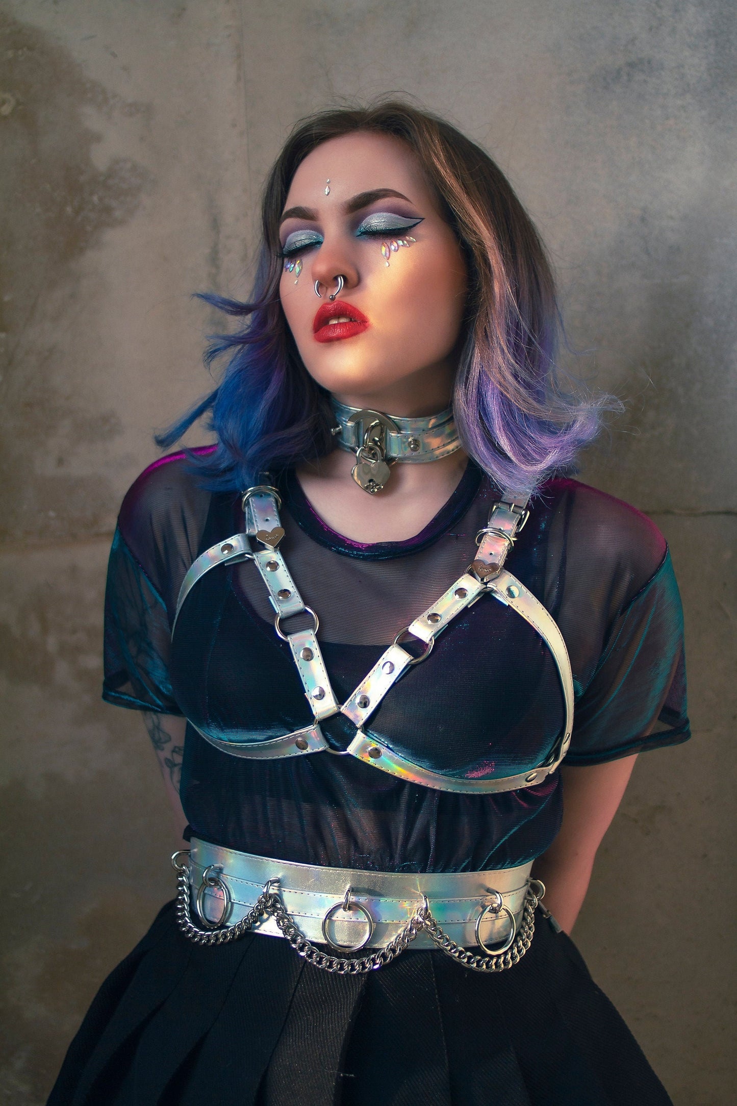 Holographic Silver Cage Harness Bra