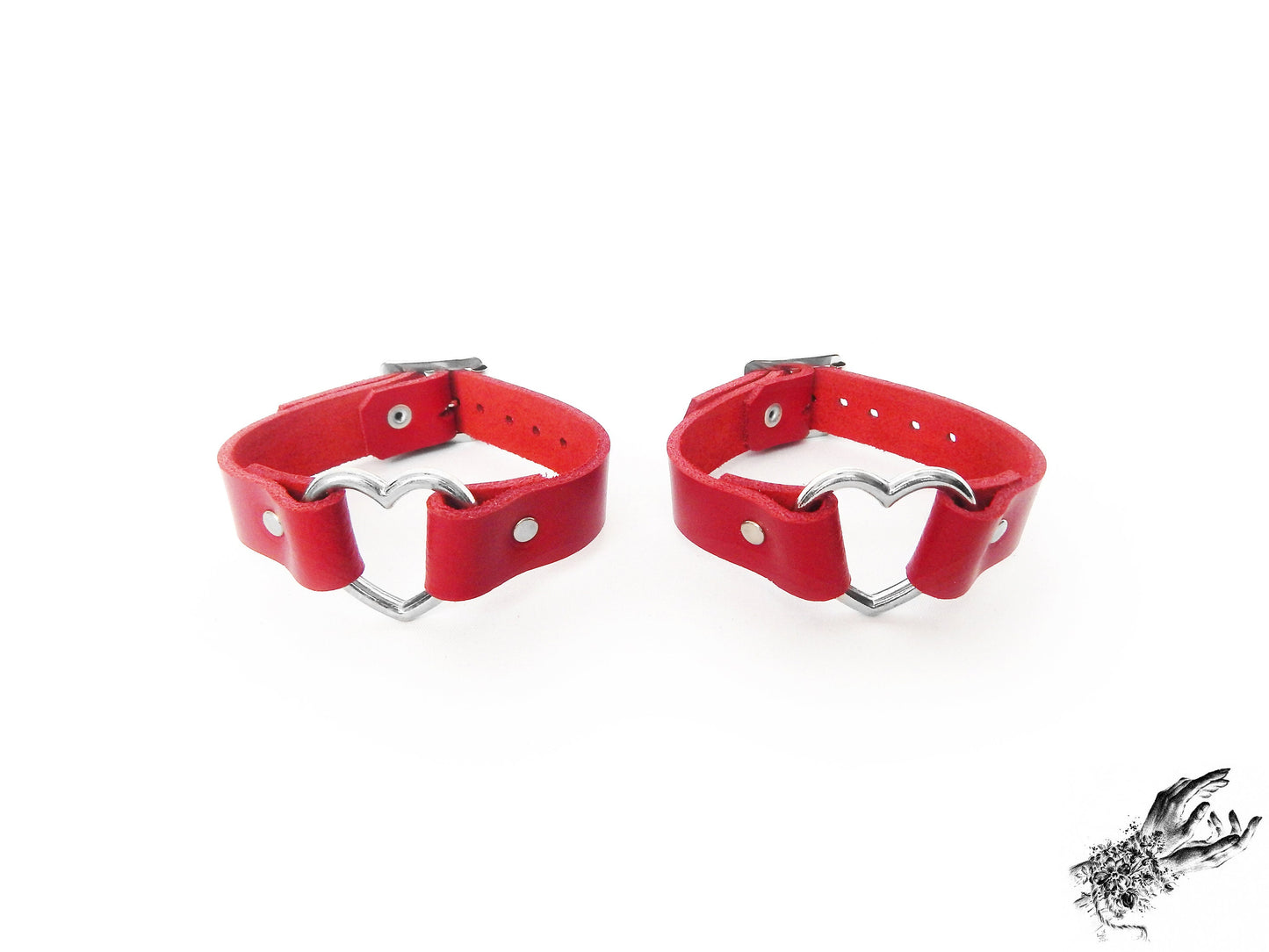 Red Leather Heart Ring Ankle Cuffs