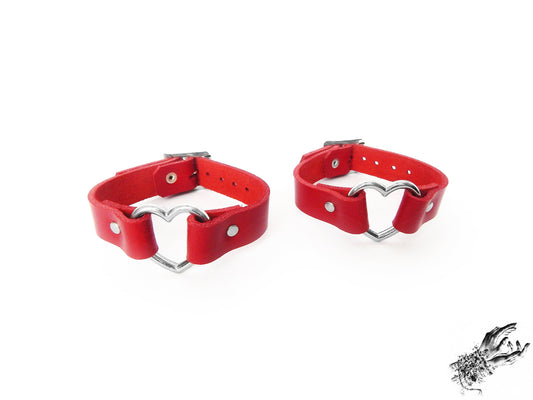 Red Leather Heart Ring Ankle Cuffs