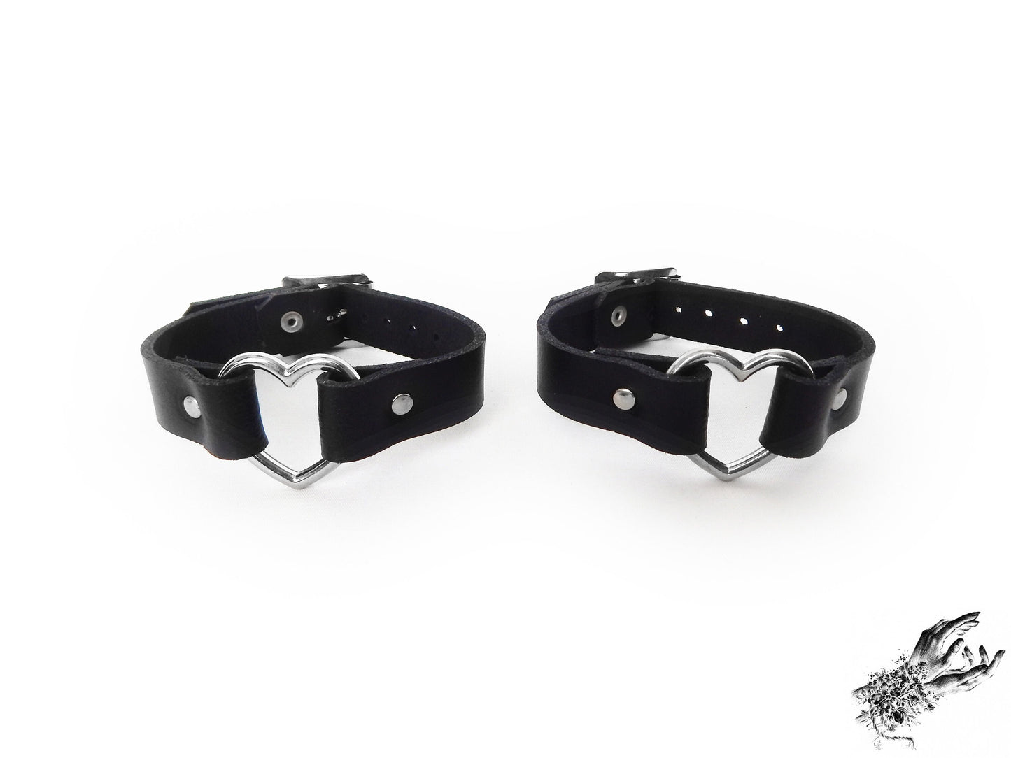 Black Leather Heart Ring Ankle Cuffs