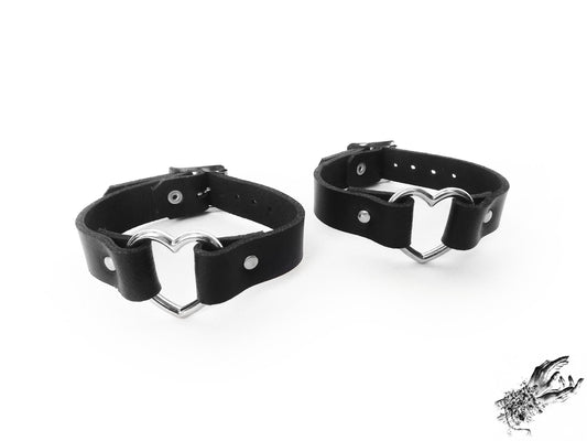 Black Leather Heart Ring Ankle Cuffs - 8th Sin