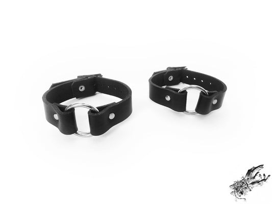 Black Leather O Ring Ankle Cuffs