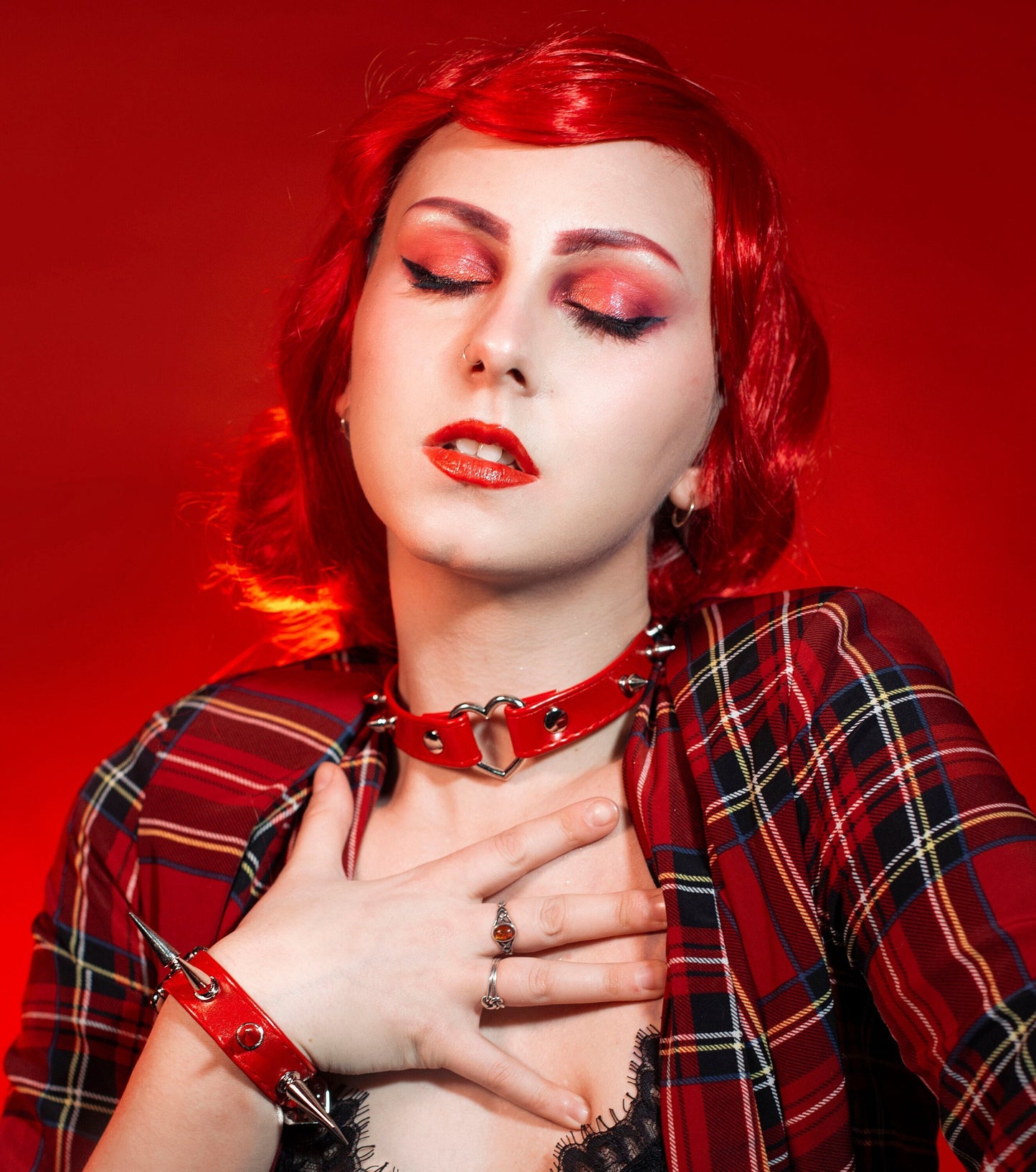 Red Faux Leather Studded Heart Ring Choker