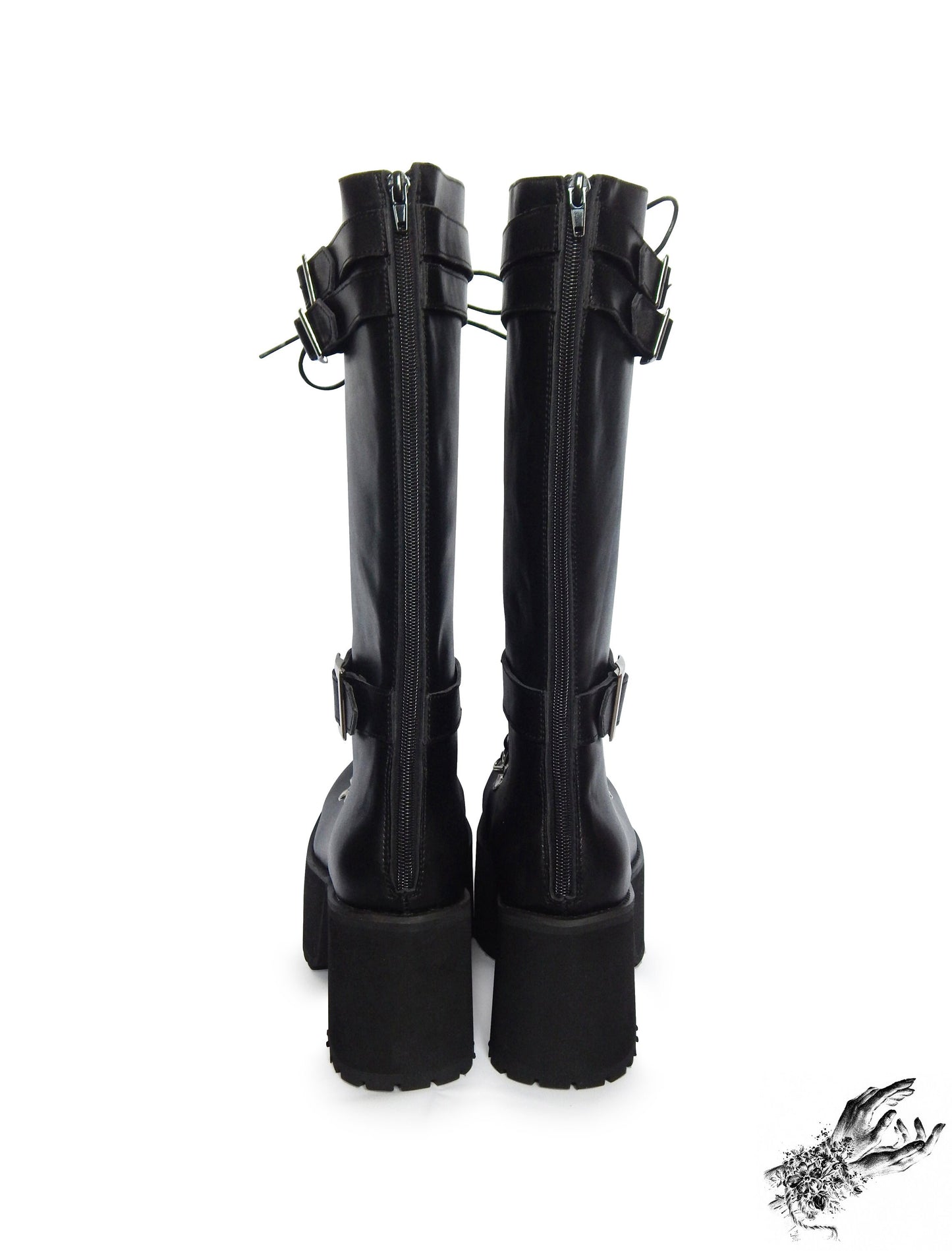Black Matte Leather Knee High Platform Boots, "Lexa" Gothic Platform Boots