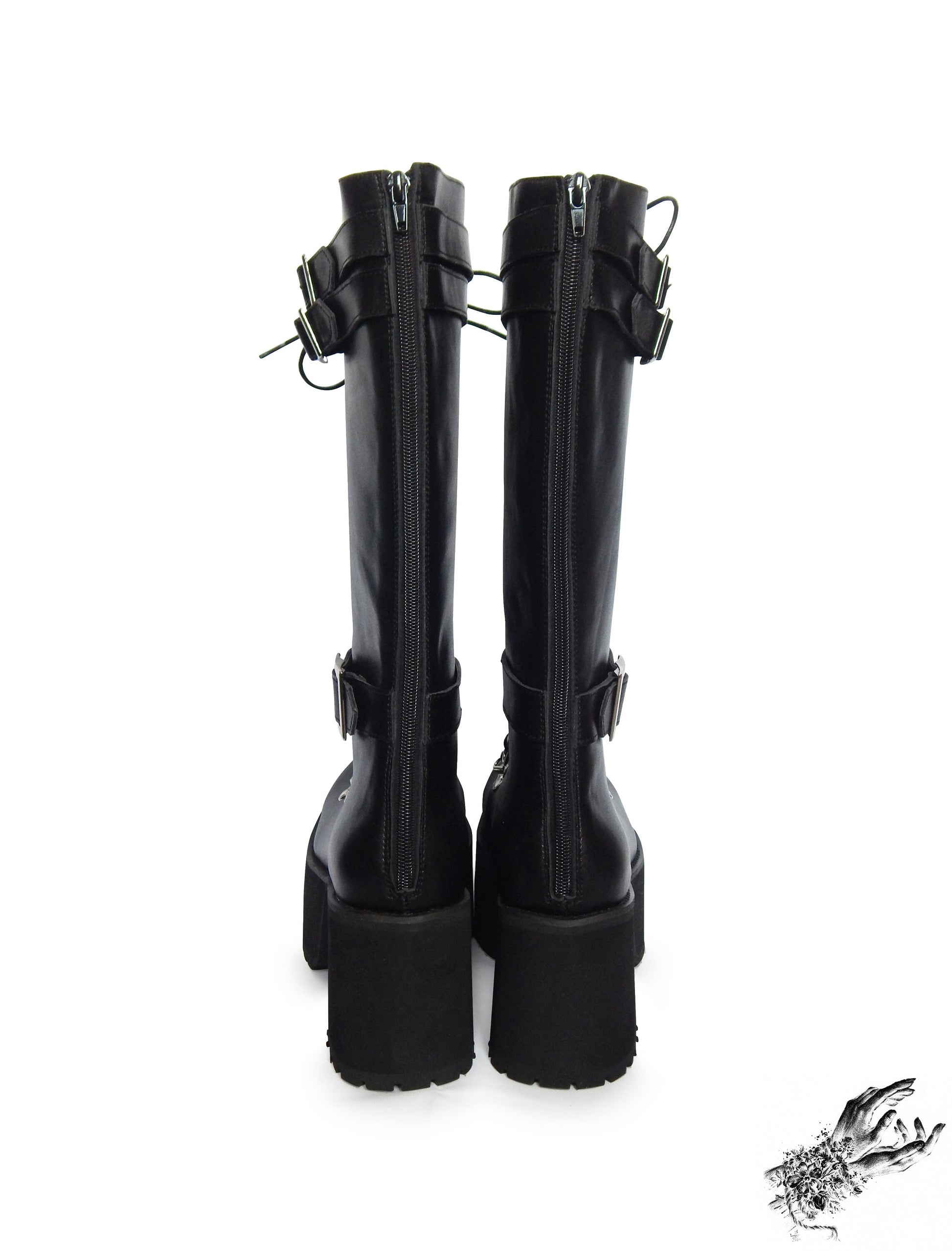 Black Matte Leather Knee High Platform Boots, "Lexa" Gothic Platform Boots - 8th Sin