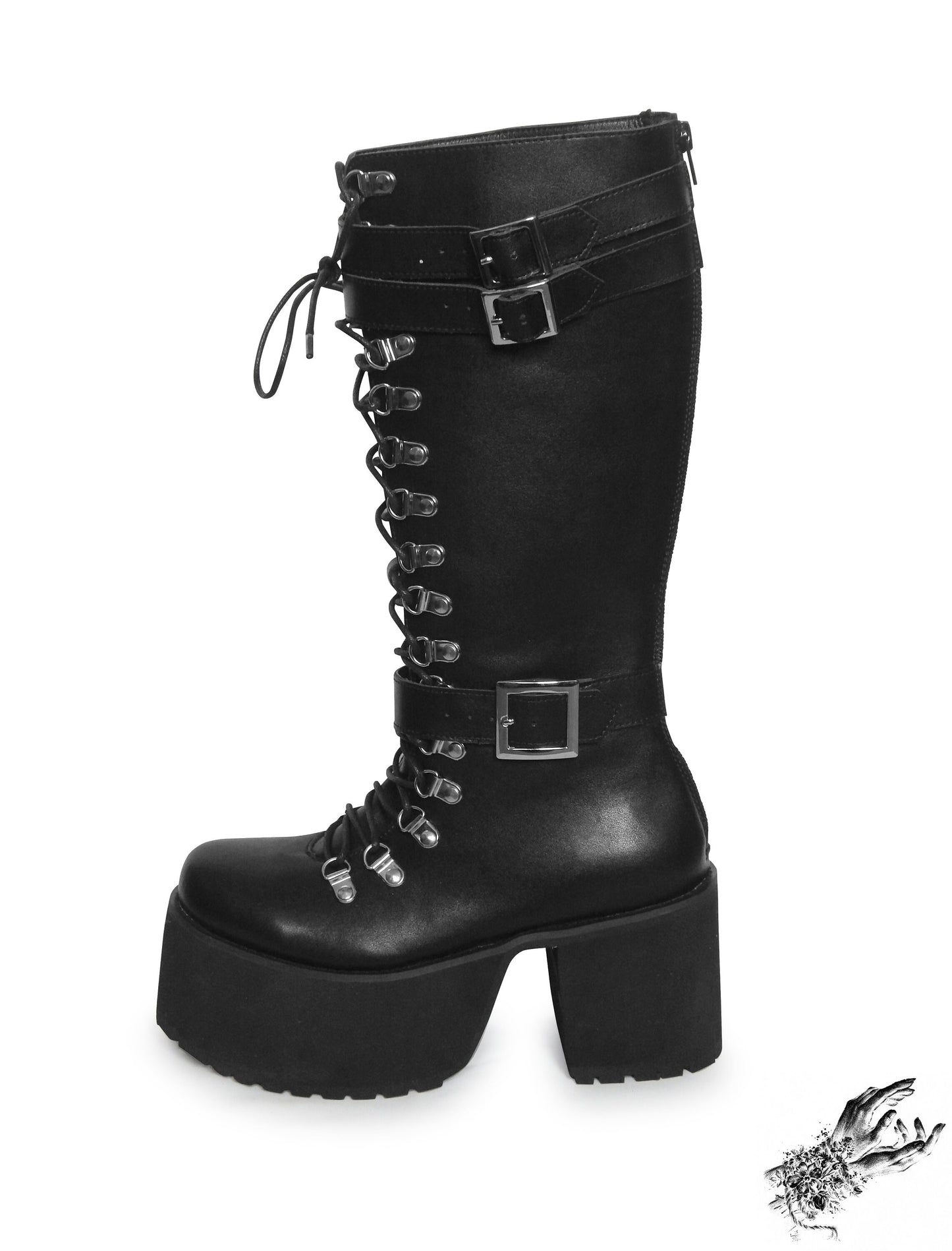 Black Matte Leather Knee High Platform Boots, "Lexa" Gothic Platform Boots