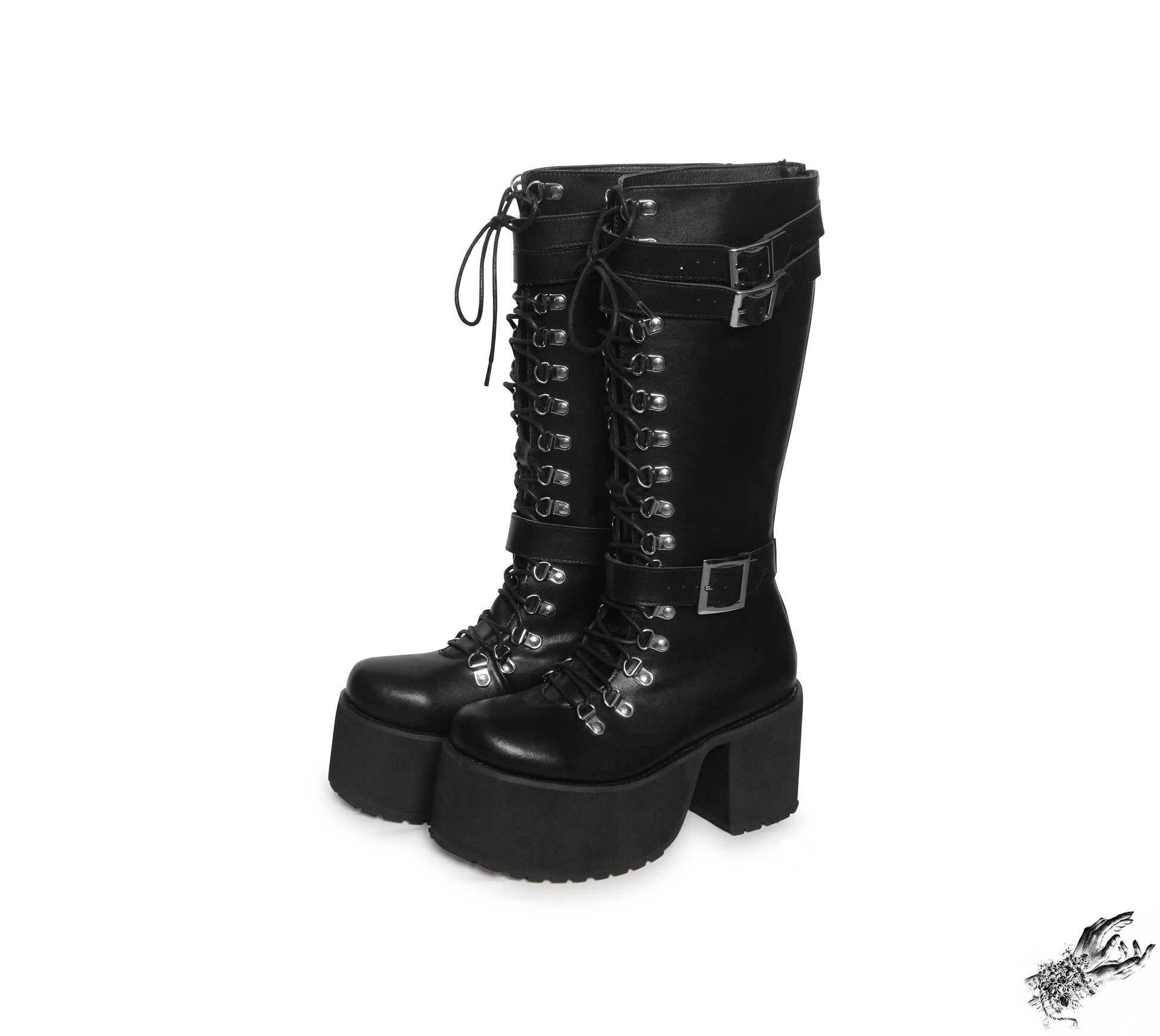 Black Matte Leather Knee High Platform Boots, "Lexa" Gothic Platform Boots - 8th Sin