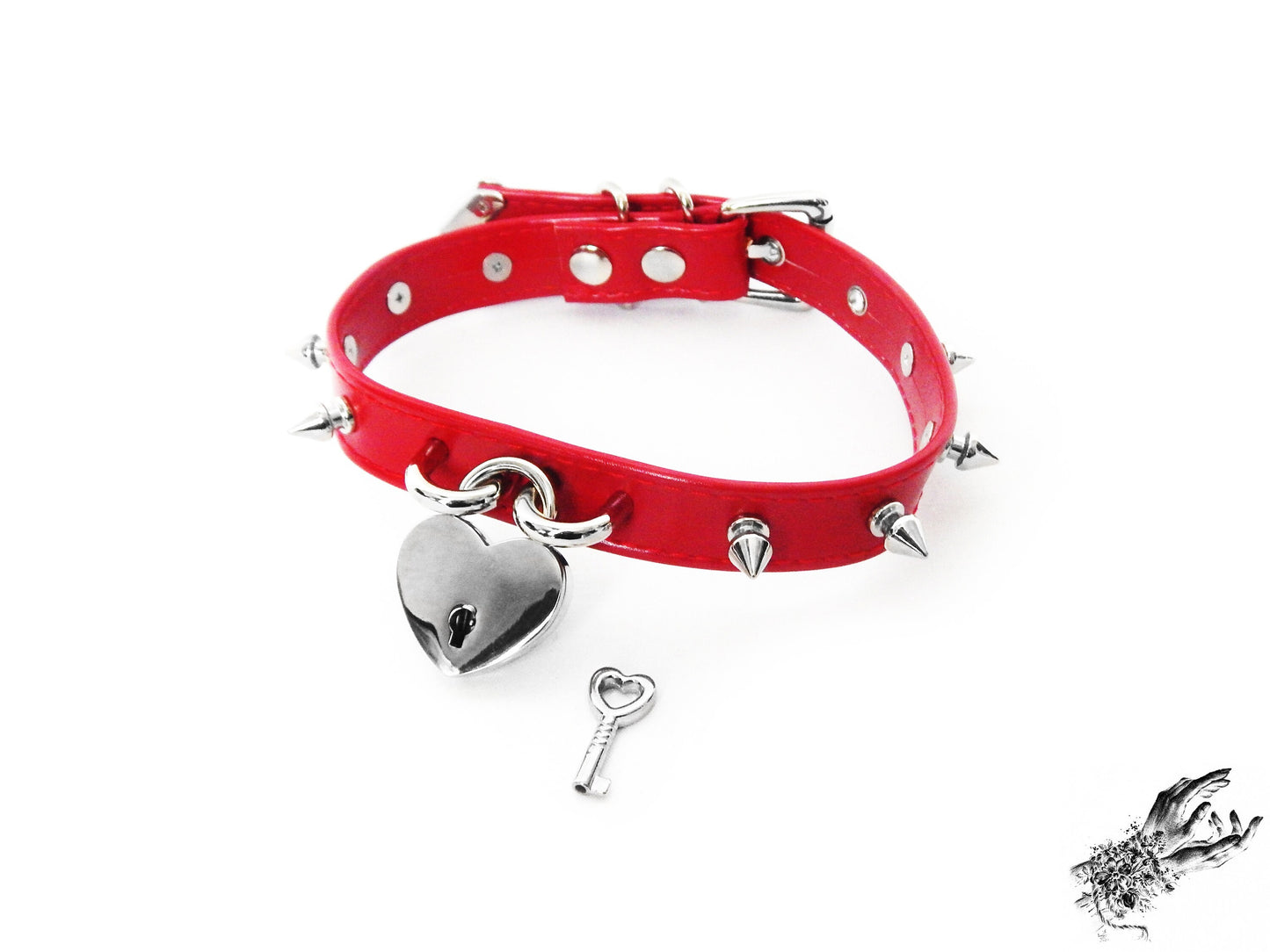 Red Faux Leather Studded Heart Padlock Choker with Key