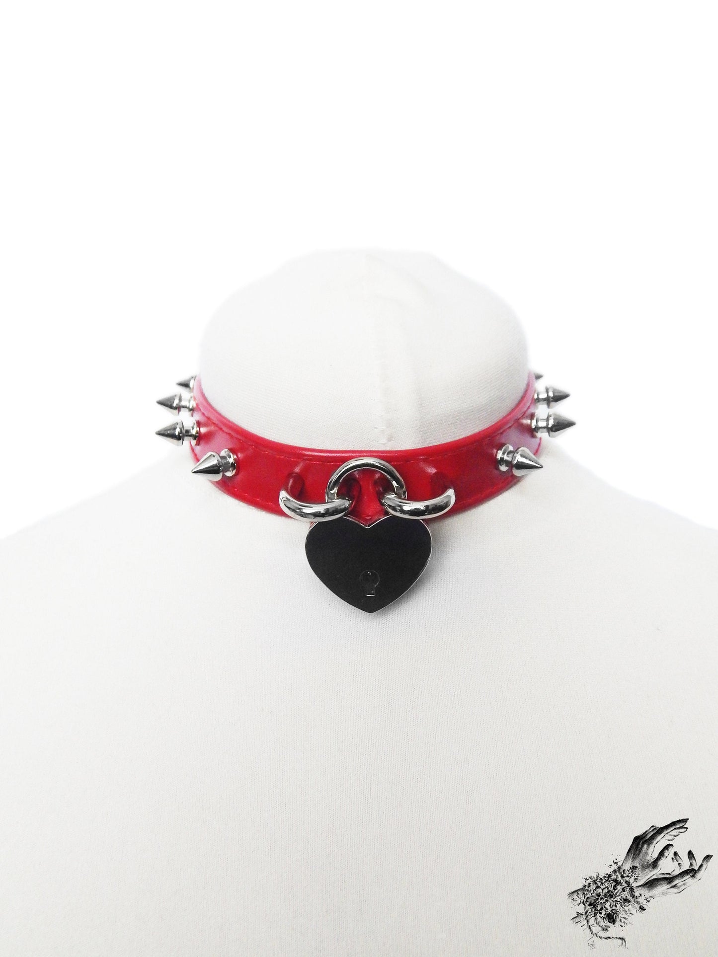 Red Faux Leather Studded Heart Padlock Choker with Key