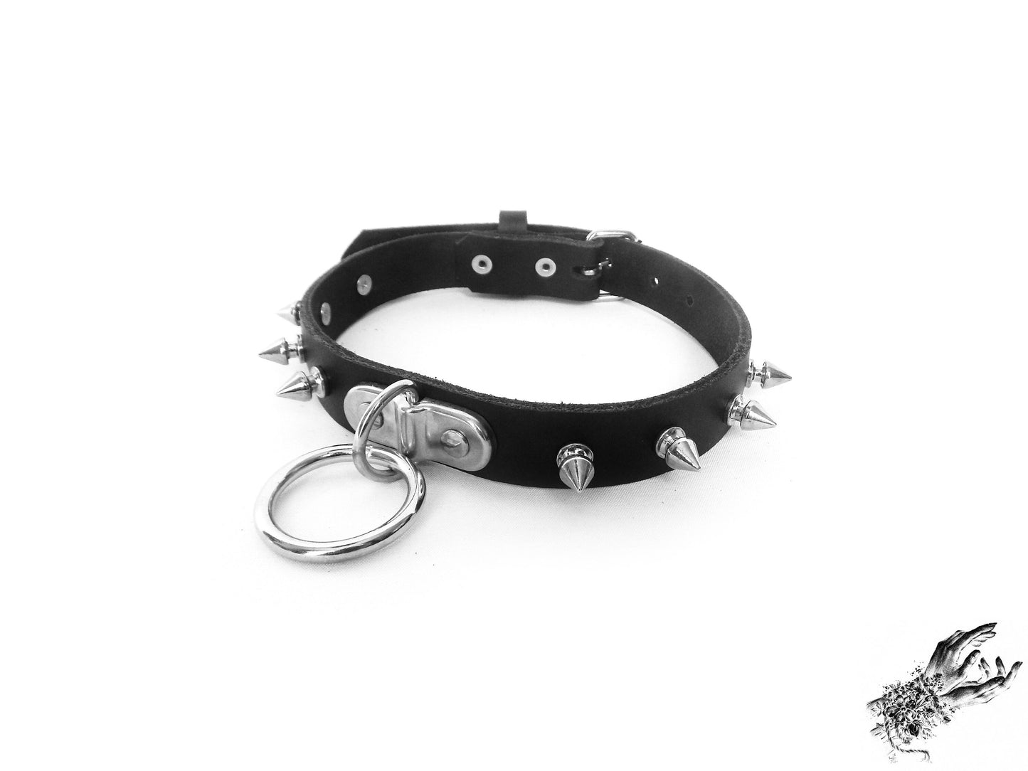 Black Leather Studded D and O Ring Choker - 8th Sin