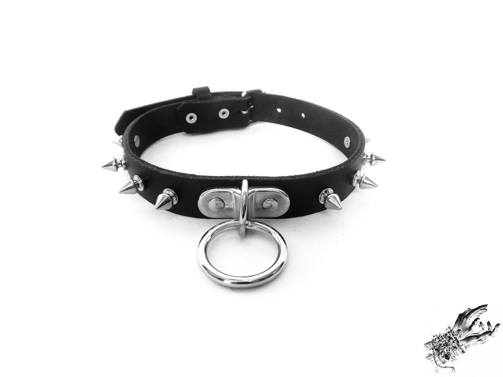 Black Leather Studded D and O Ring Choker - 8th Sin