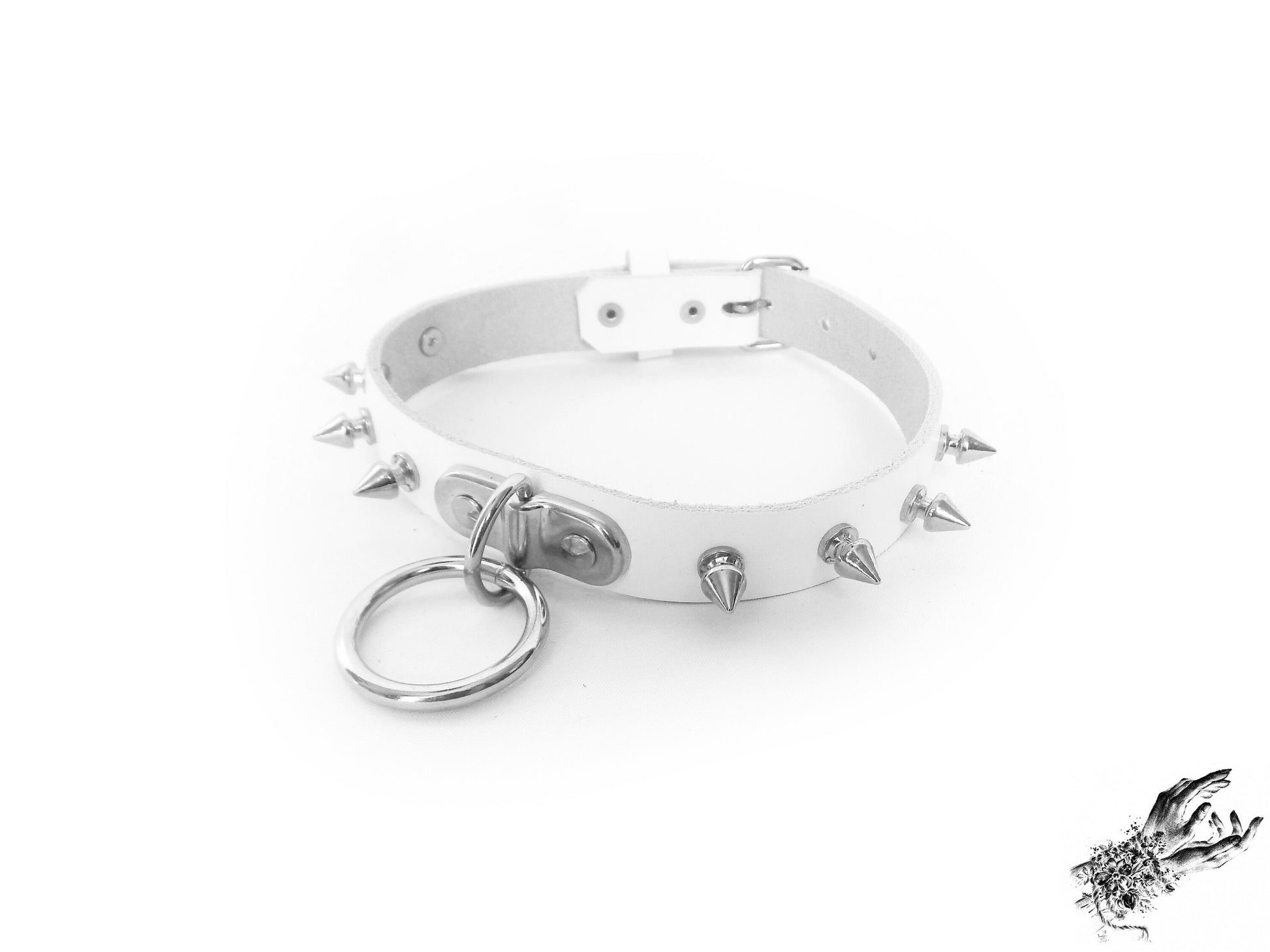 White Leather Studded D and O Ring Choker - 8th Sin