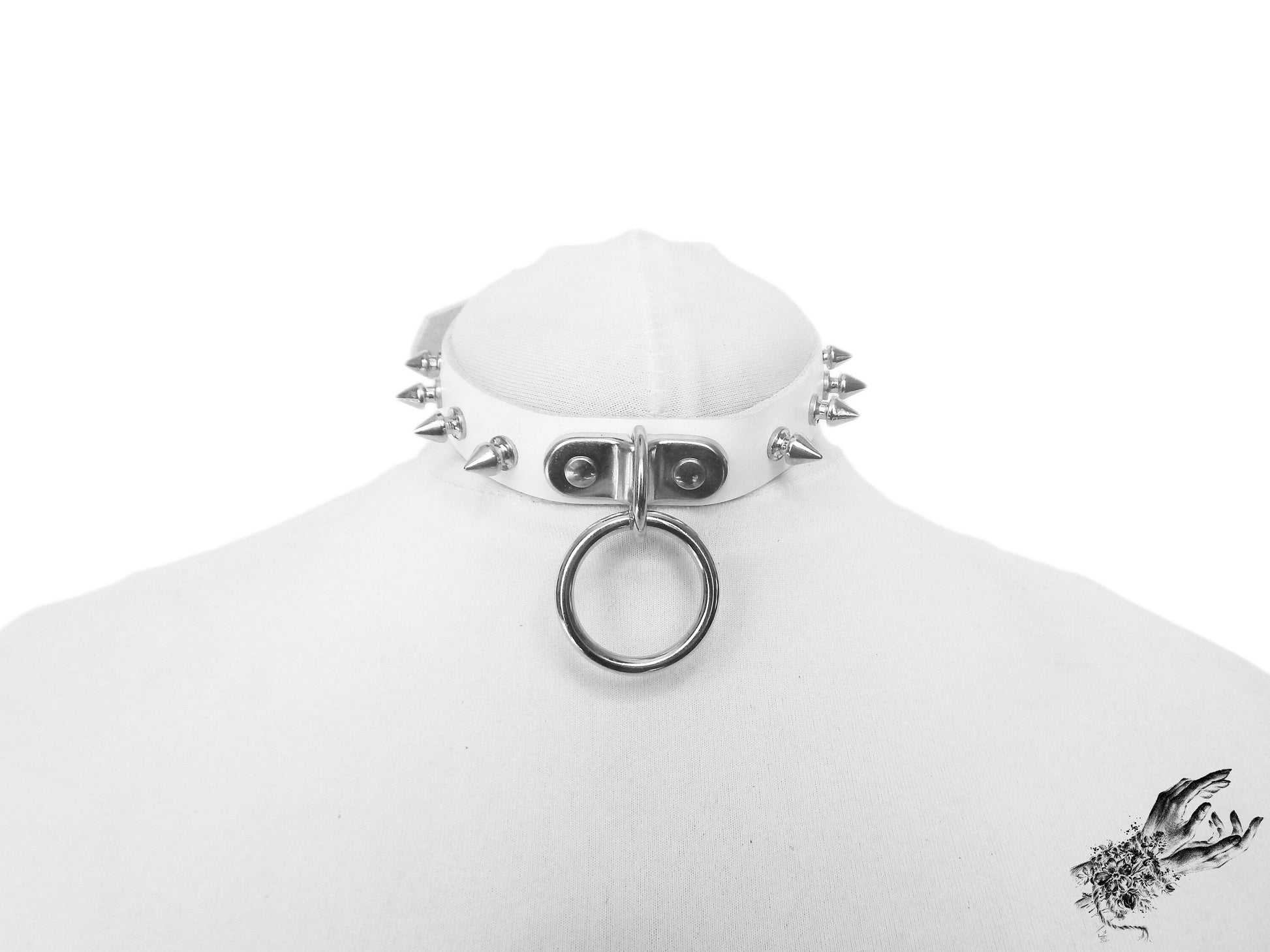 White Leather Studded D and O Ring Choker - 8th Sin