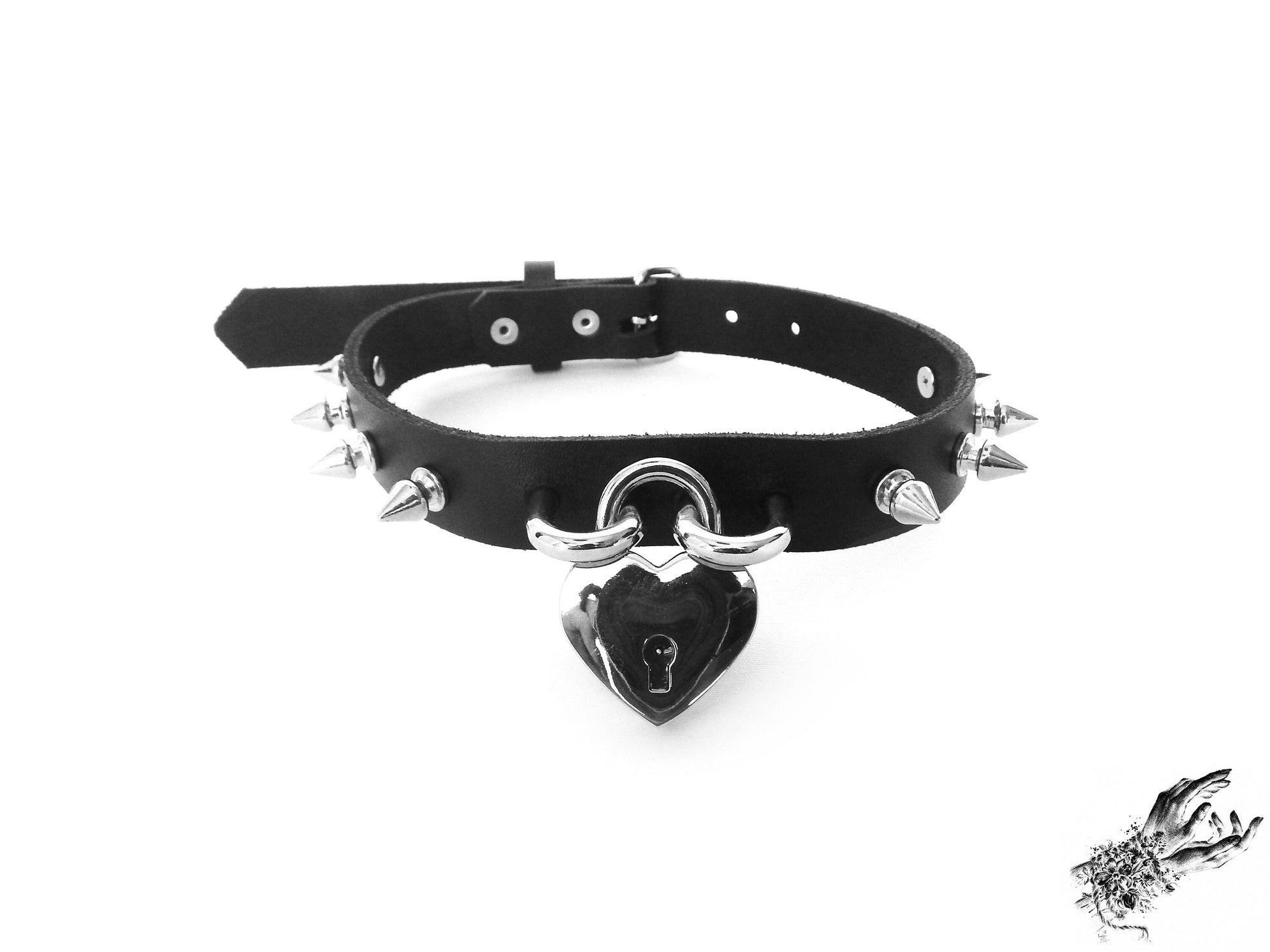 Black Studded Heart Padlock Choker with Key - 8th Sin