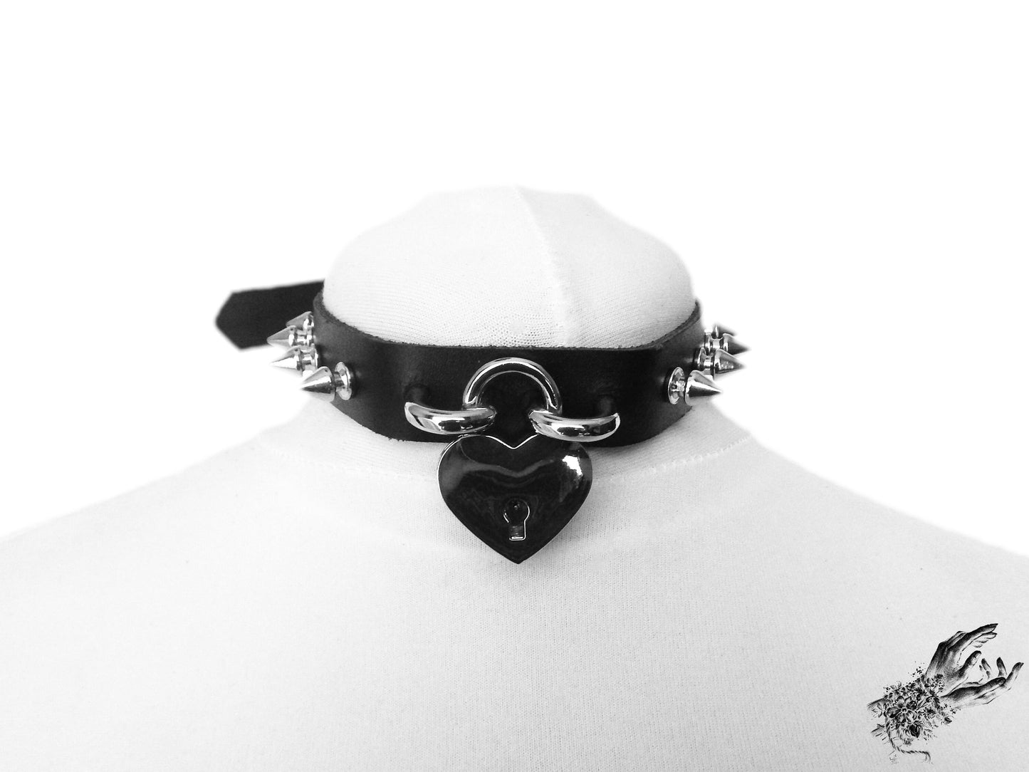 Black Studded Heart Padlock Choker with Key - 8th Sin