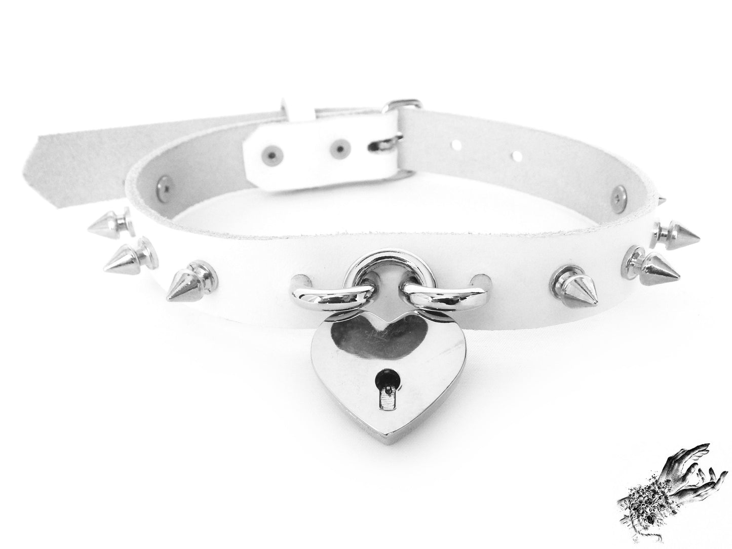White Studded Heart Padlock Choker with Key