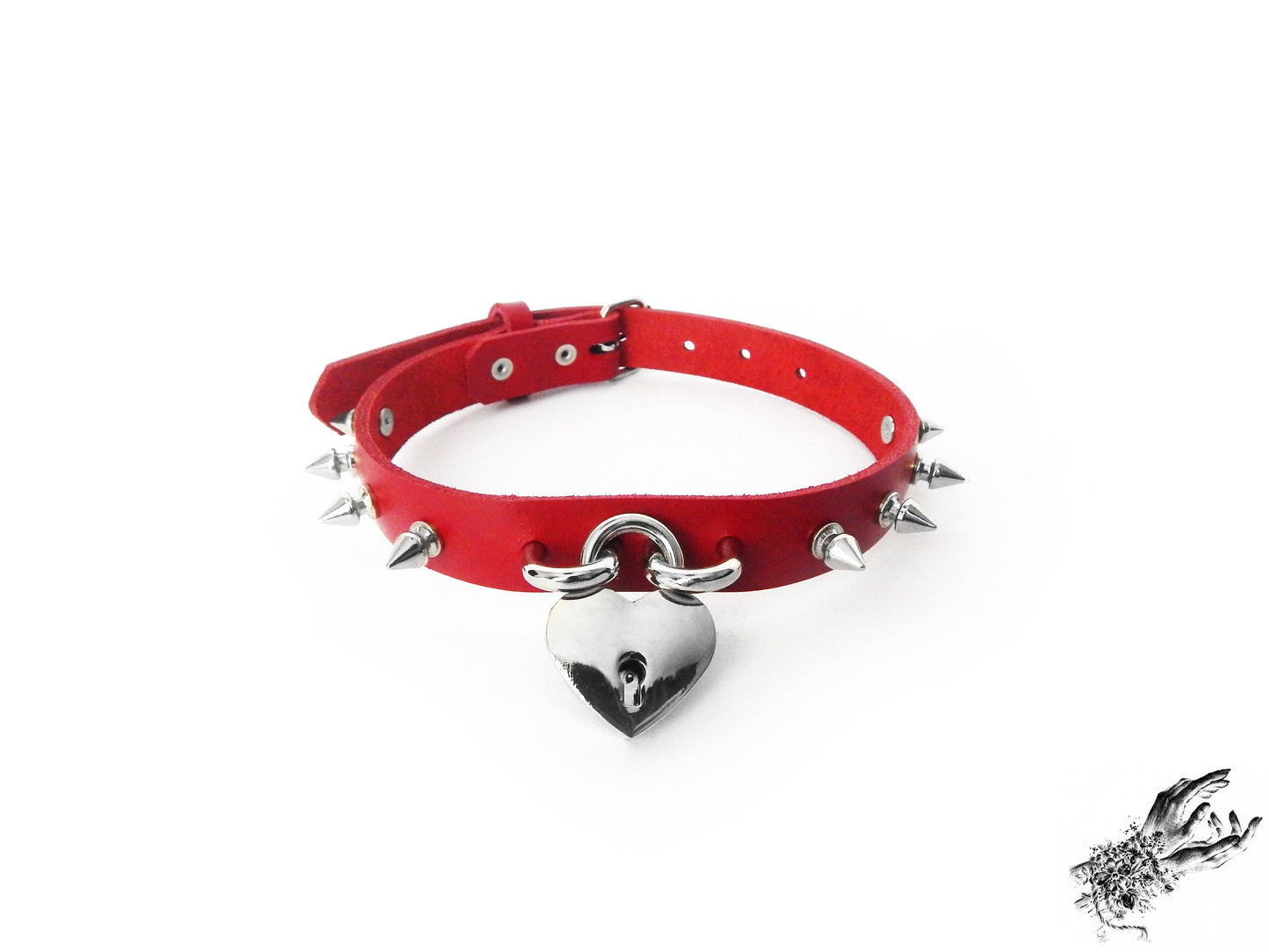 Red Studded Heart Padlock Choker with Key