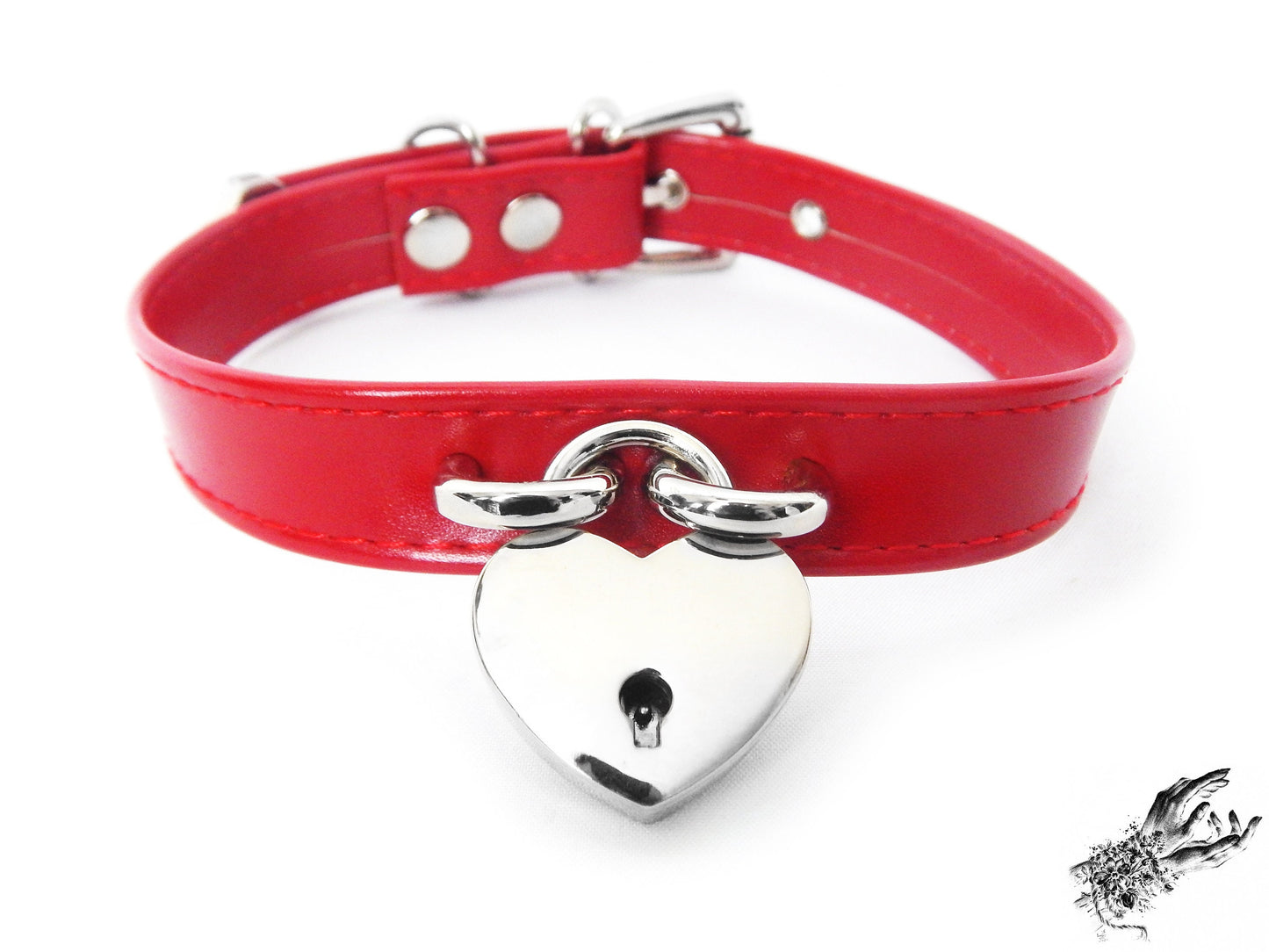 Red Faux Leather Heart Lock Choker with Key