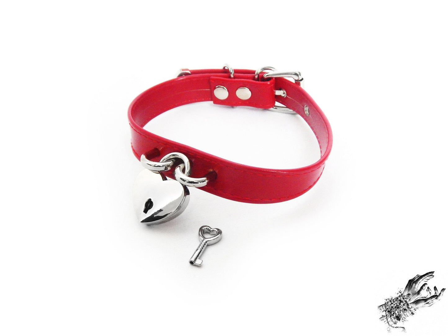 Red Faux Leather Heart Lock Choker with Key