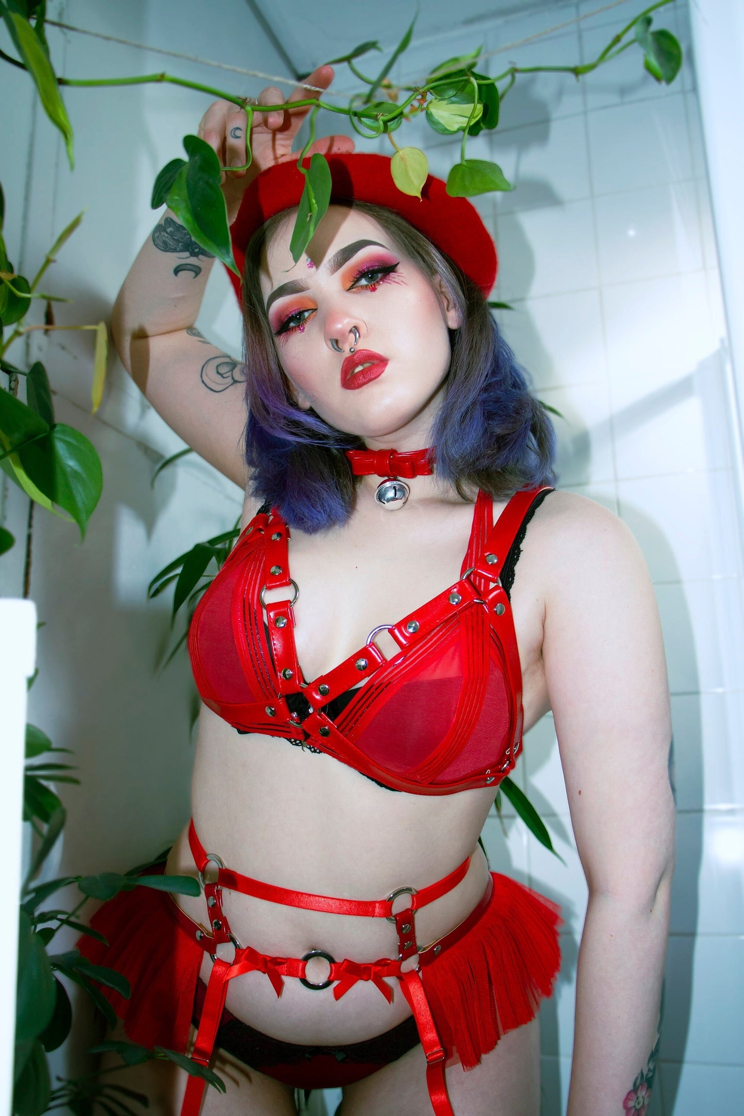 Red Vegan Leather Cage Harness Set
