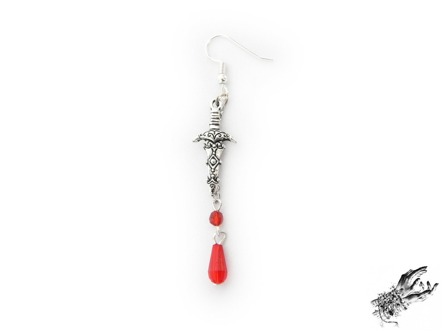 Antique Silver Dagger and Blood Drop Earrings