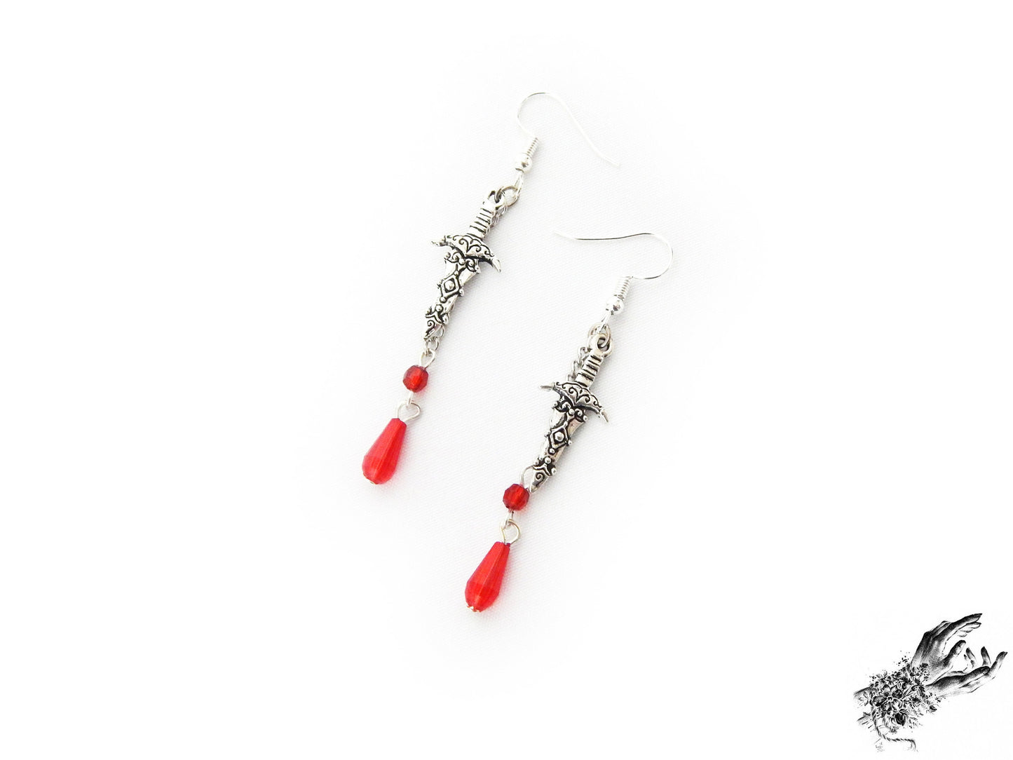 Antique Silver Dagger and Blood Drop Earrings