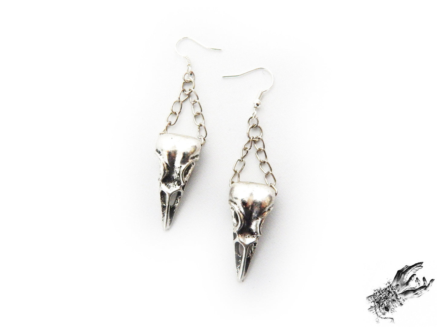 Antique Silver Chained Bird Skull Earrings
