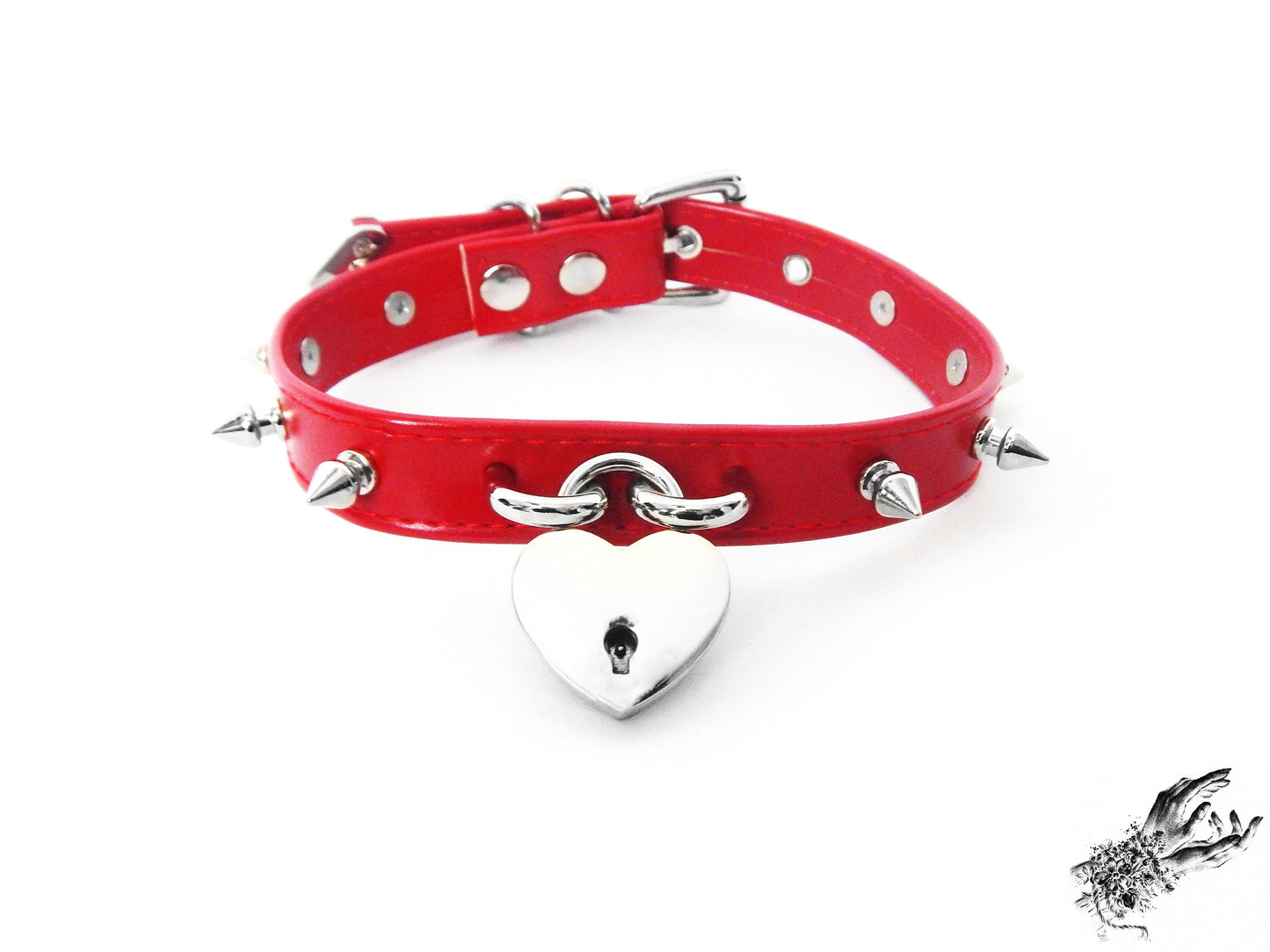 Red Faux Leather Studded Heart Padlock Choker with Key
