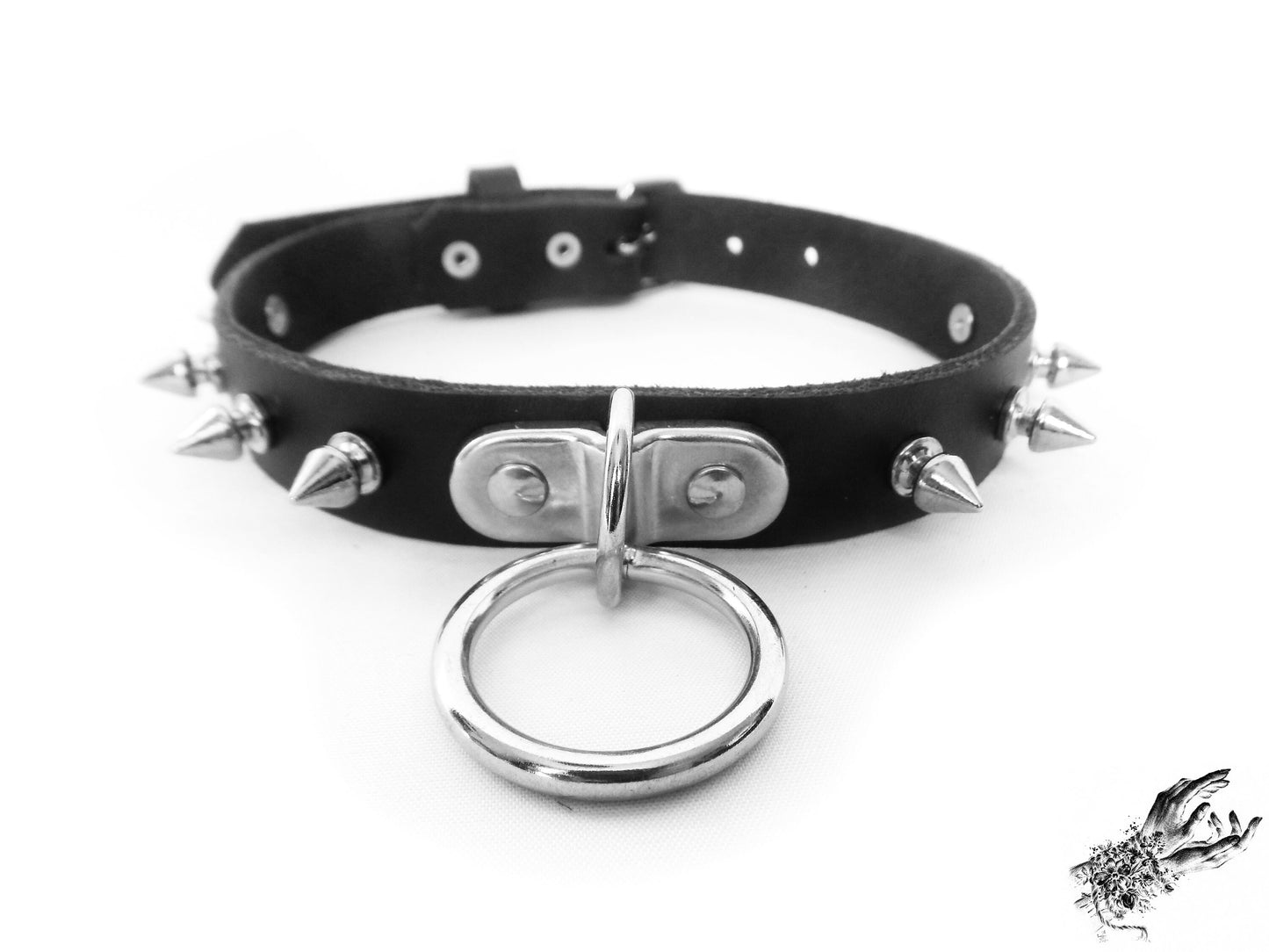 Black Leather Studded D and O Ring Choker - 8th Sin