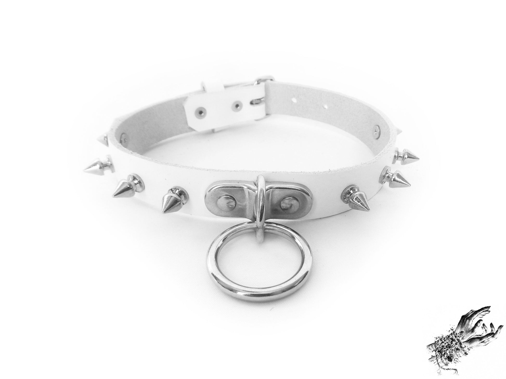 White Leather Studded D and O Ring Choker - 8th Sin