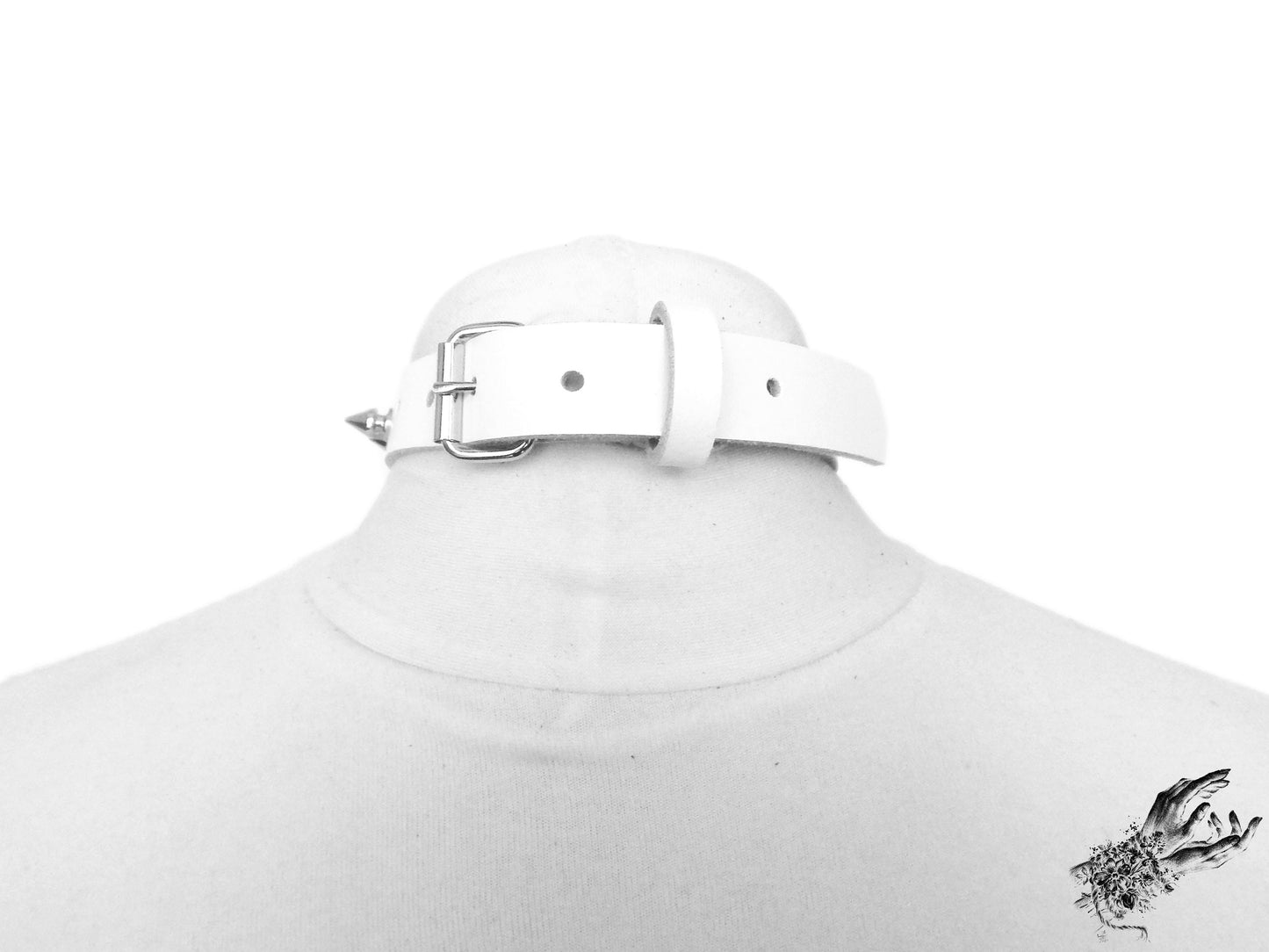 White Leather Studded D and O Ring Choker - 8th Sin