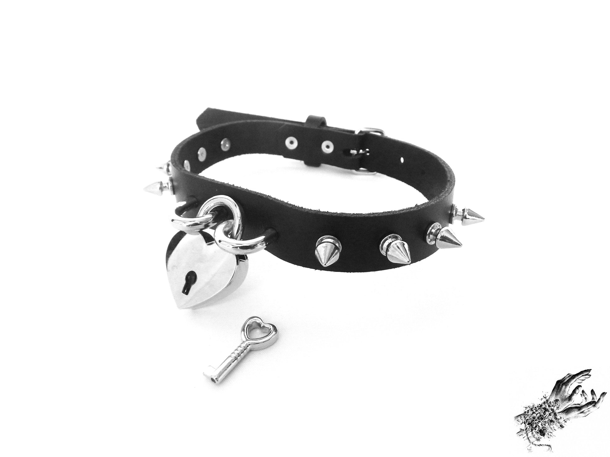 Black Studded Heart Padlock Choker with Key - 8th Sin