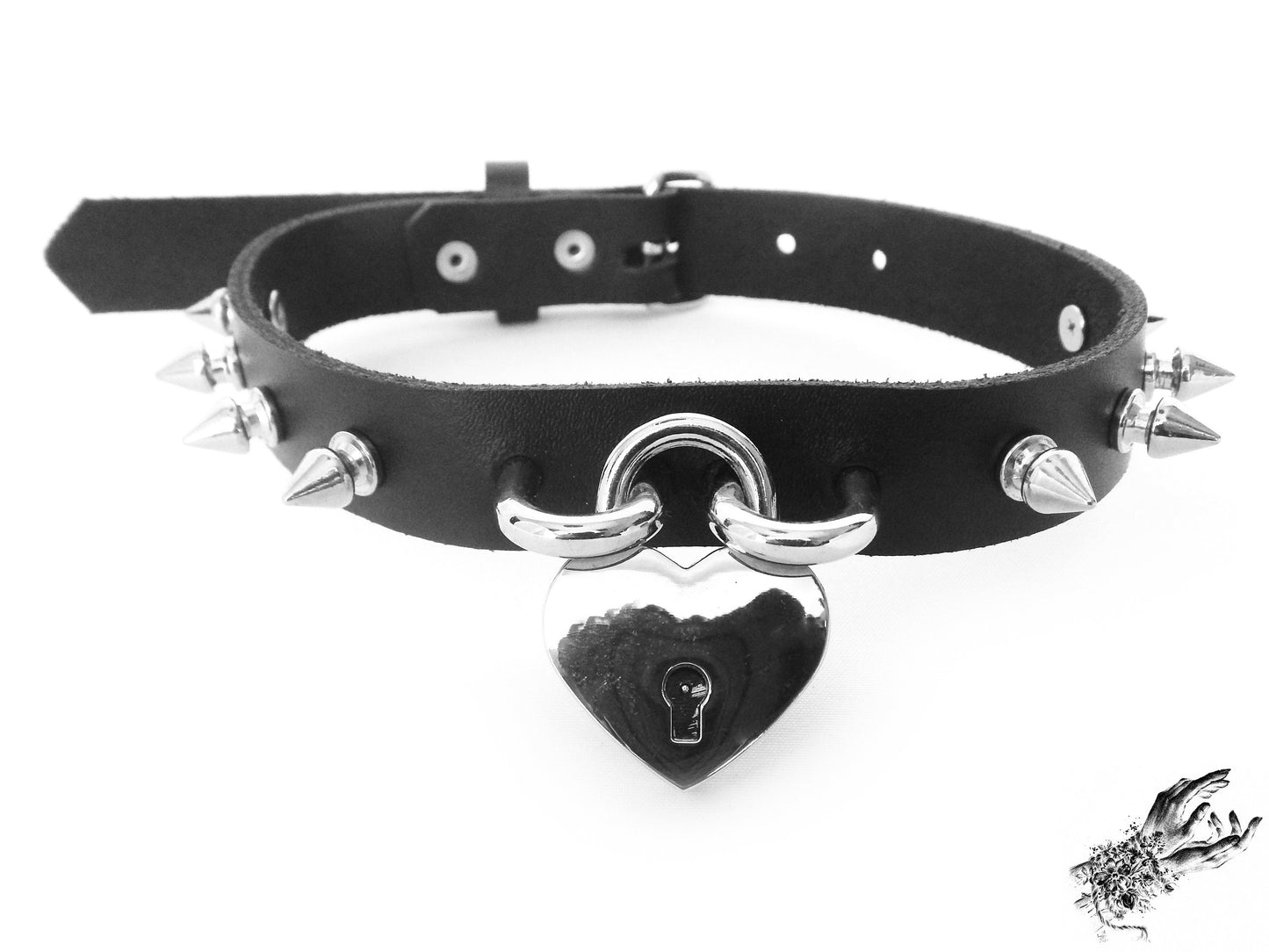 Black Studded Heart Padlock Choker with Key