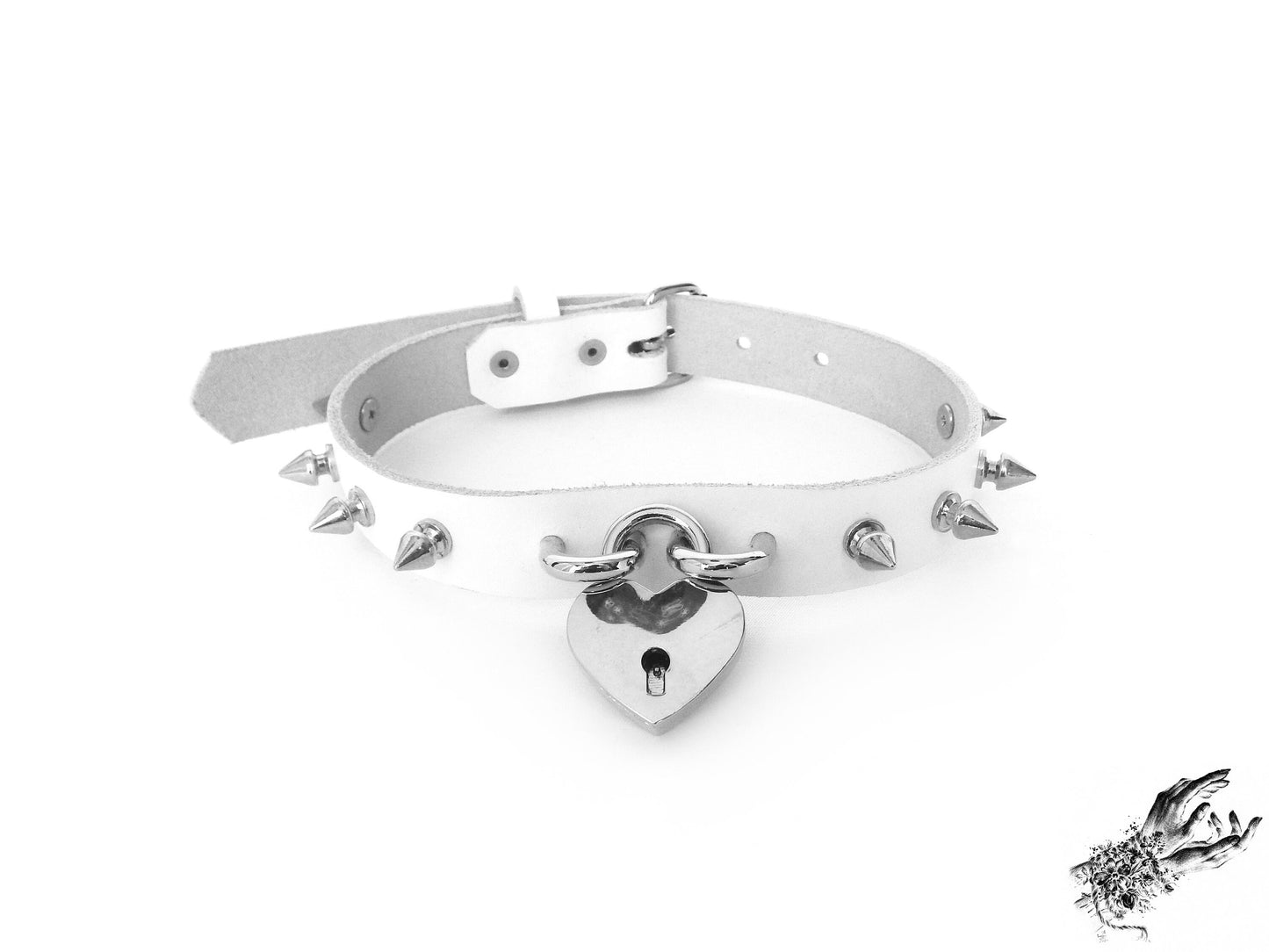 White Studded Heart Padlock Choker with Key