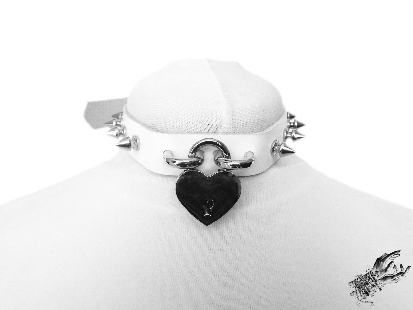 White Studded Heart Padlock Choker with Key