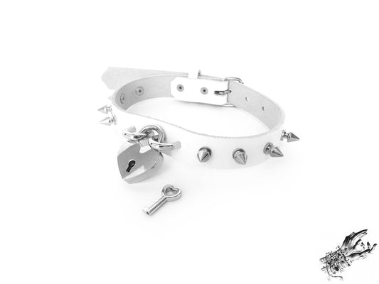 White Studded Heart Padlock Choker with Key