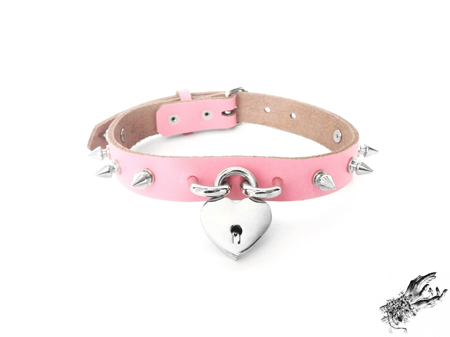 Pink Studded Heart Padlock Choker with Key