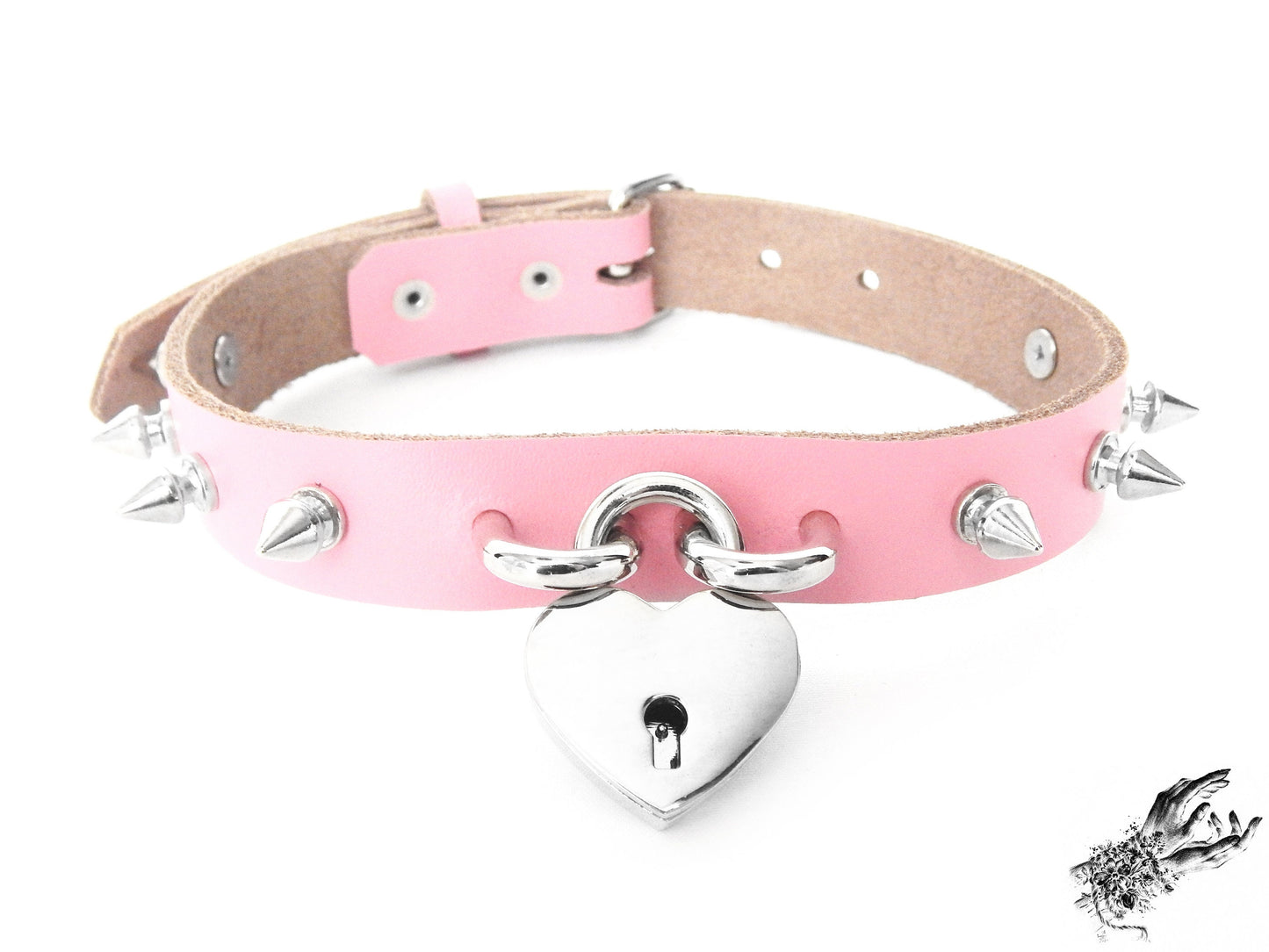 Pink Studded Heart Padlock Choker with Key