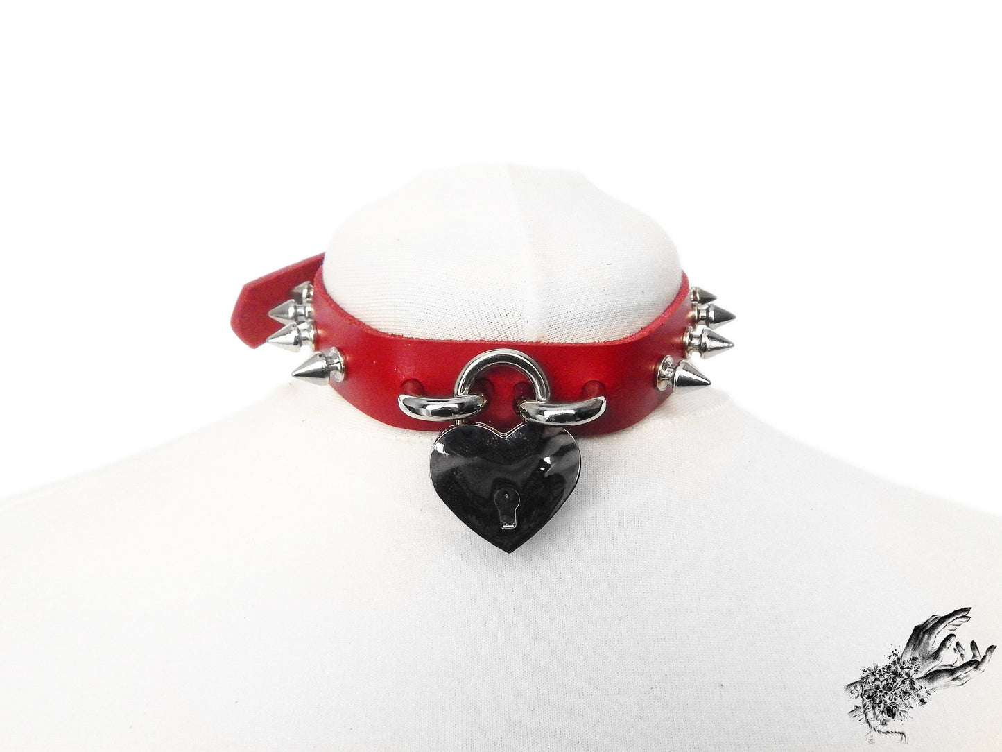 Red Studded Heart Padlock Choker with Key