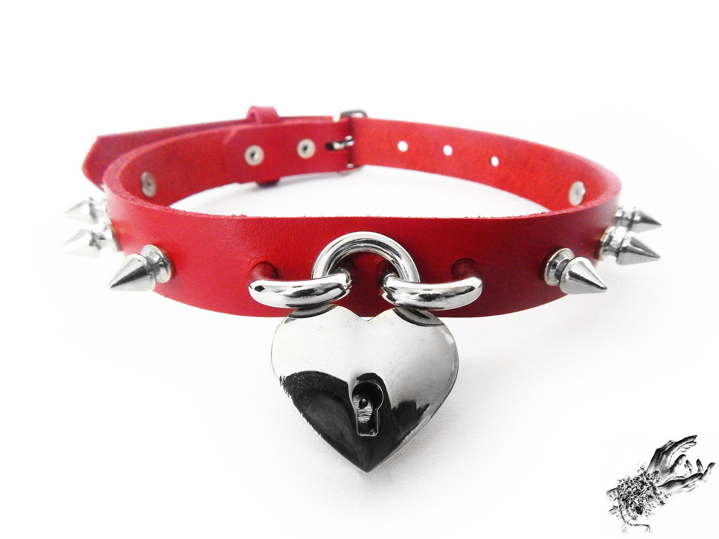 Red Studded Heart Padlock Choker with Key