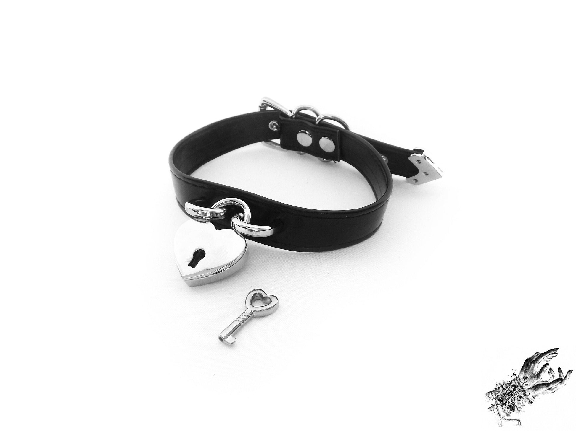 Black Faux Leather Heart Padlock Choker - 8th Sin