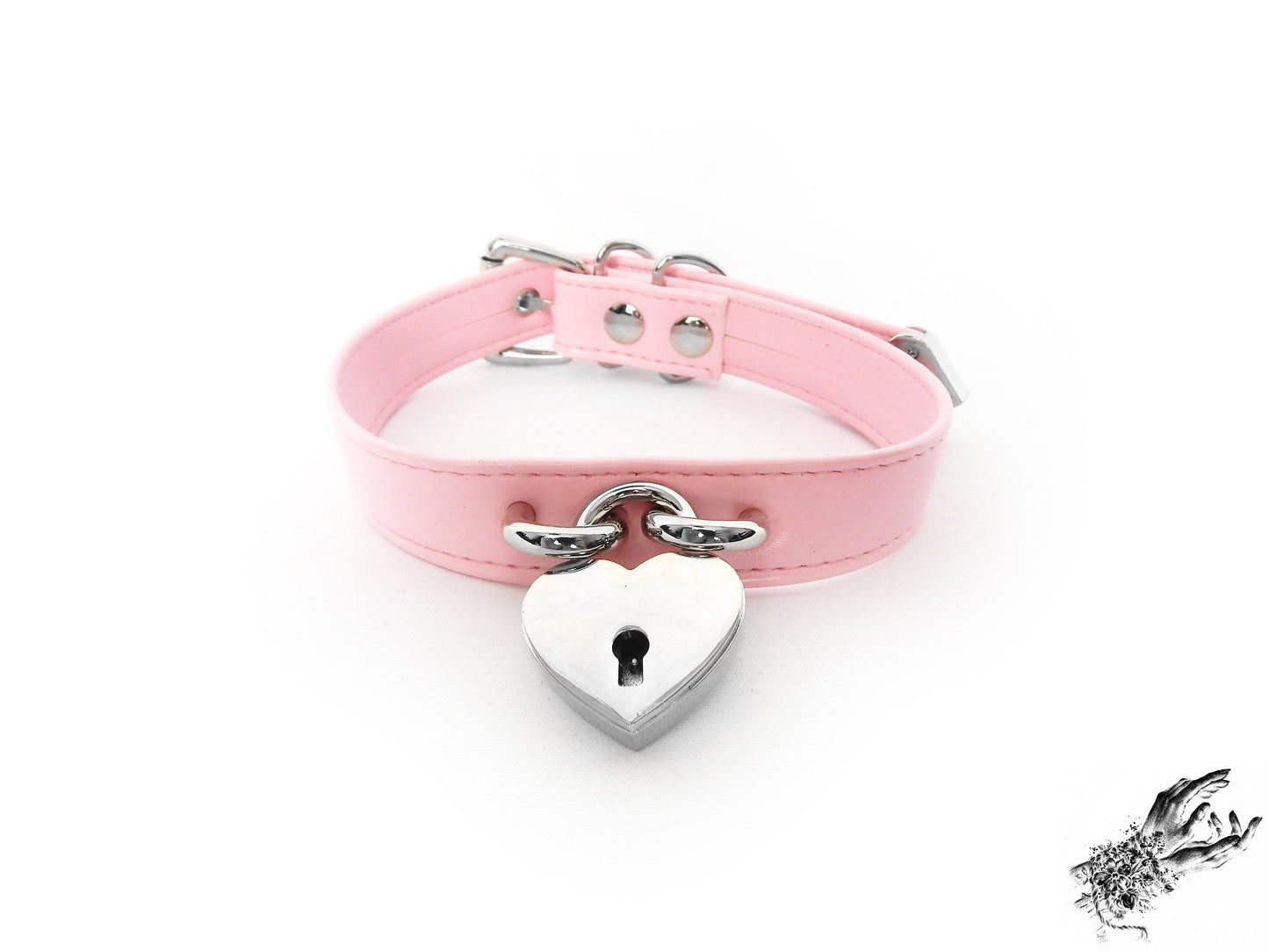 Pink Faux Leather Heart Padlock Choker