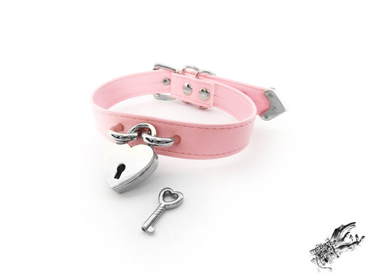 Pink Faux Leather Heart Padlock Choker