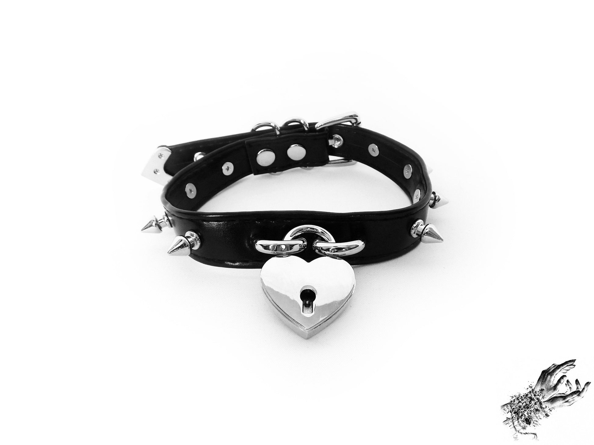 Black Faux Leather Studded Heart Padlock Choker - 8th Sin