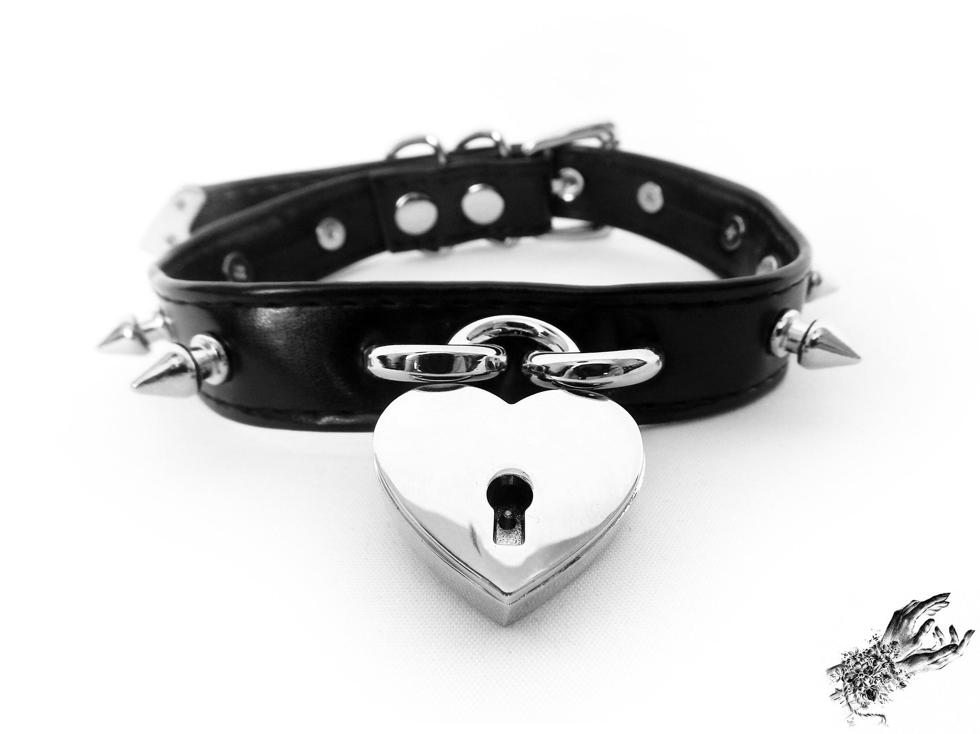 Black Faux Leather Studded Heart Padlock Choker - 8th Sin
