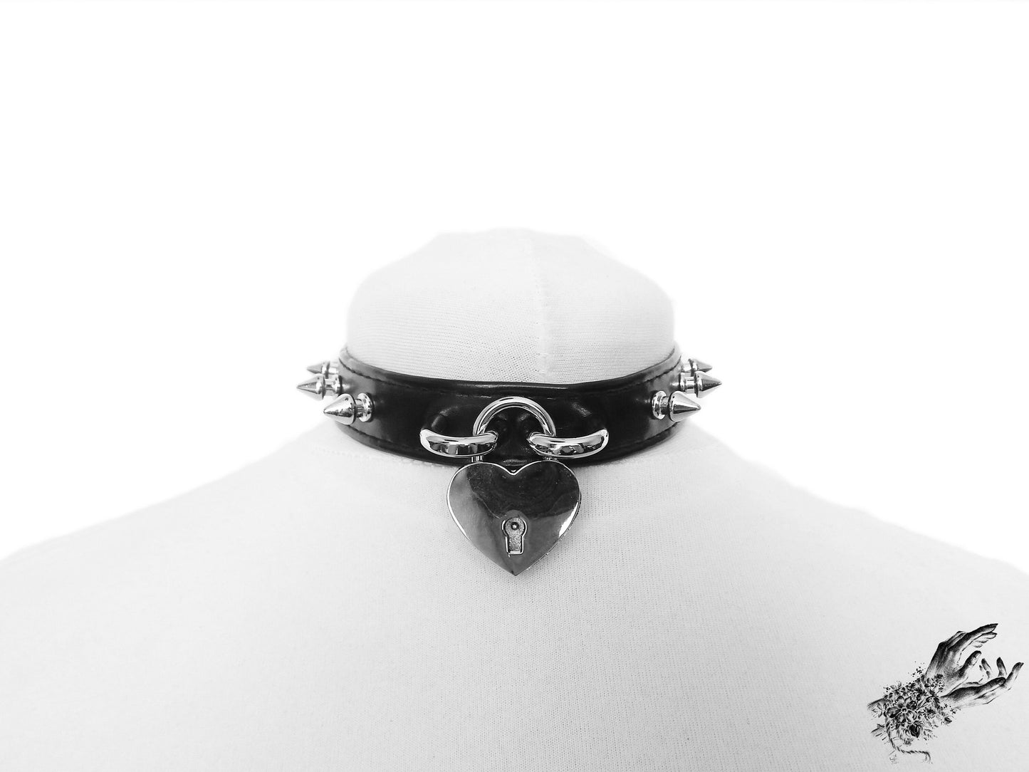 Black Faux Leather Studded Heart Padlock Choker